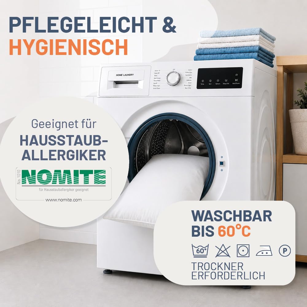 Daunenkissen 80x80 cm, Premium 3-Kammer Daunen Kopfkissen, Made in Germany | 90% Daunen (Außen), Daunen Kissen für Allergiker NOMITE, Dreikammerkissen aus 100% Baumwolle, OEKO-TEX STANDARD 100