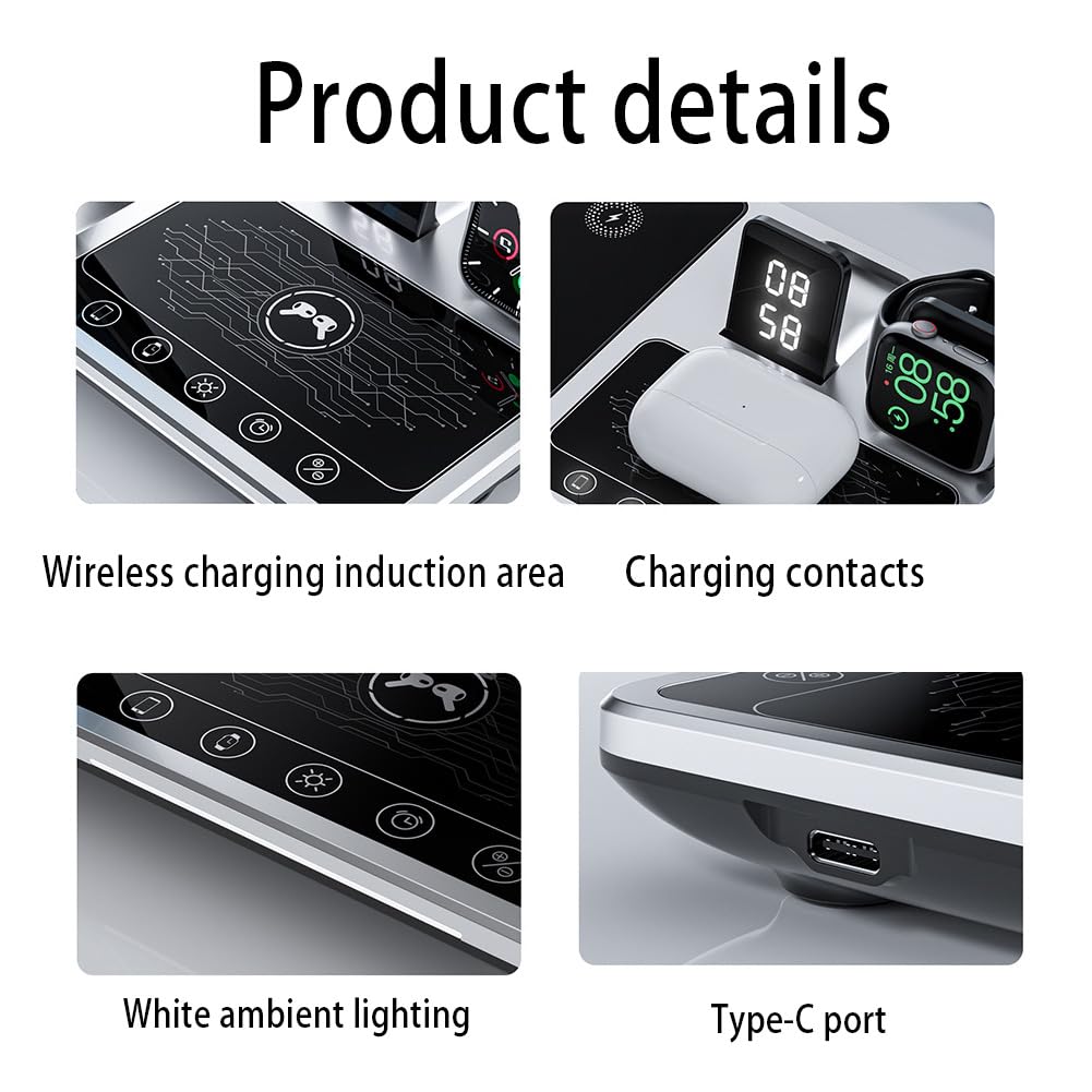Zureze Station, 4 in 1 Sveglia Wireless Charger Stand, Stazione di Ricarica Liftable per Più Dispositivi, Stazione di Ricarica Wireless Universale 4 Pollici Accelera la Ricarica del Dispositivo
