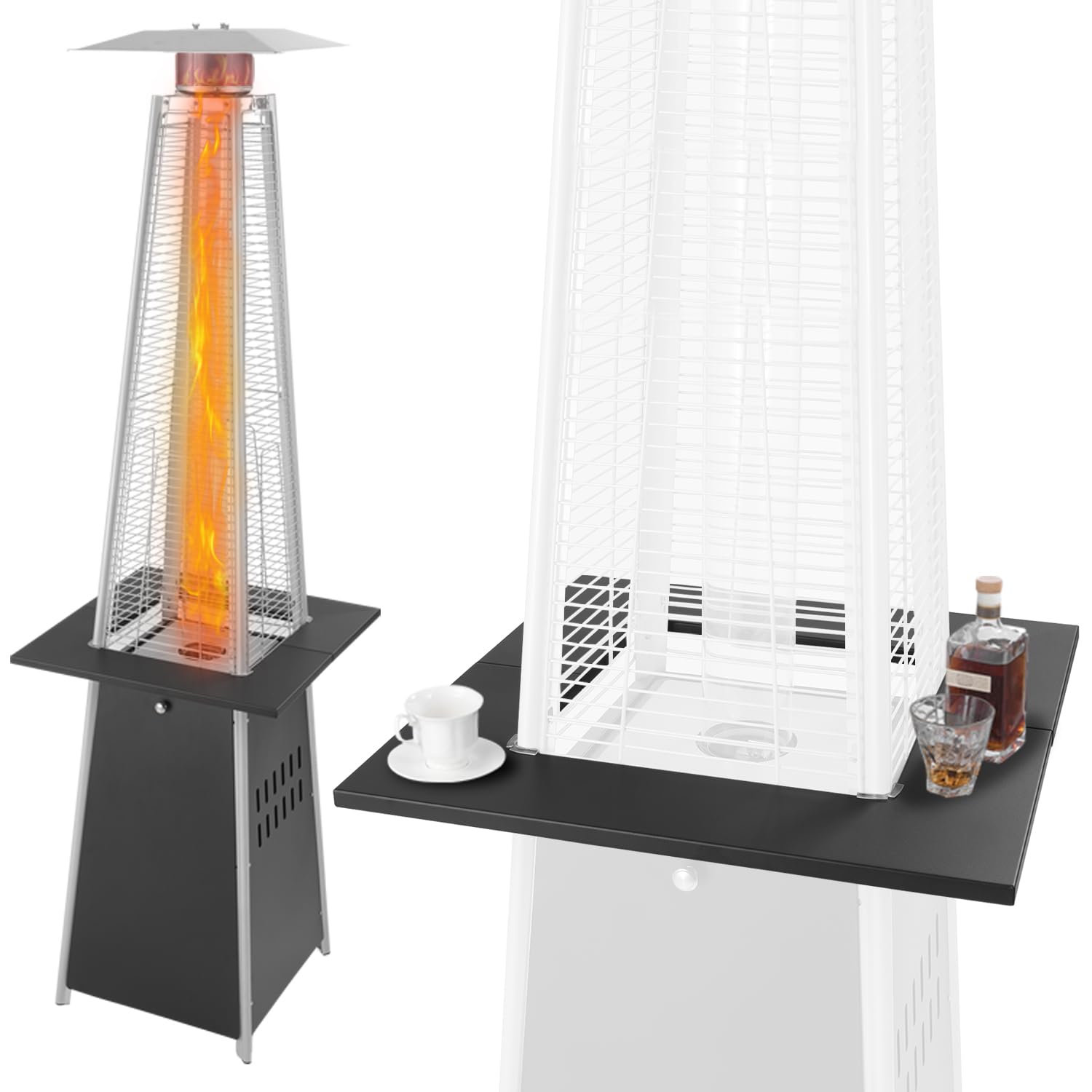 Pyramid Flame Terrassenheizer-Zubehörtisch, Stahlkonstruktion, für mehr Funktionalität, stabiler Platz für Getränke - Schwarz