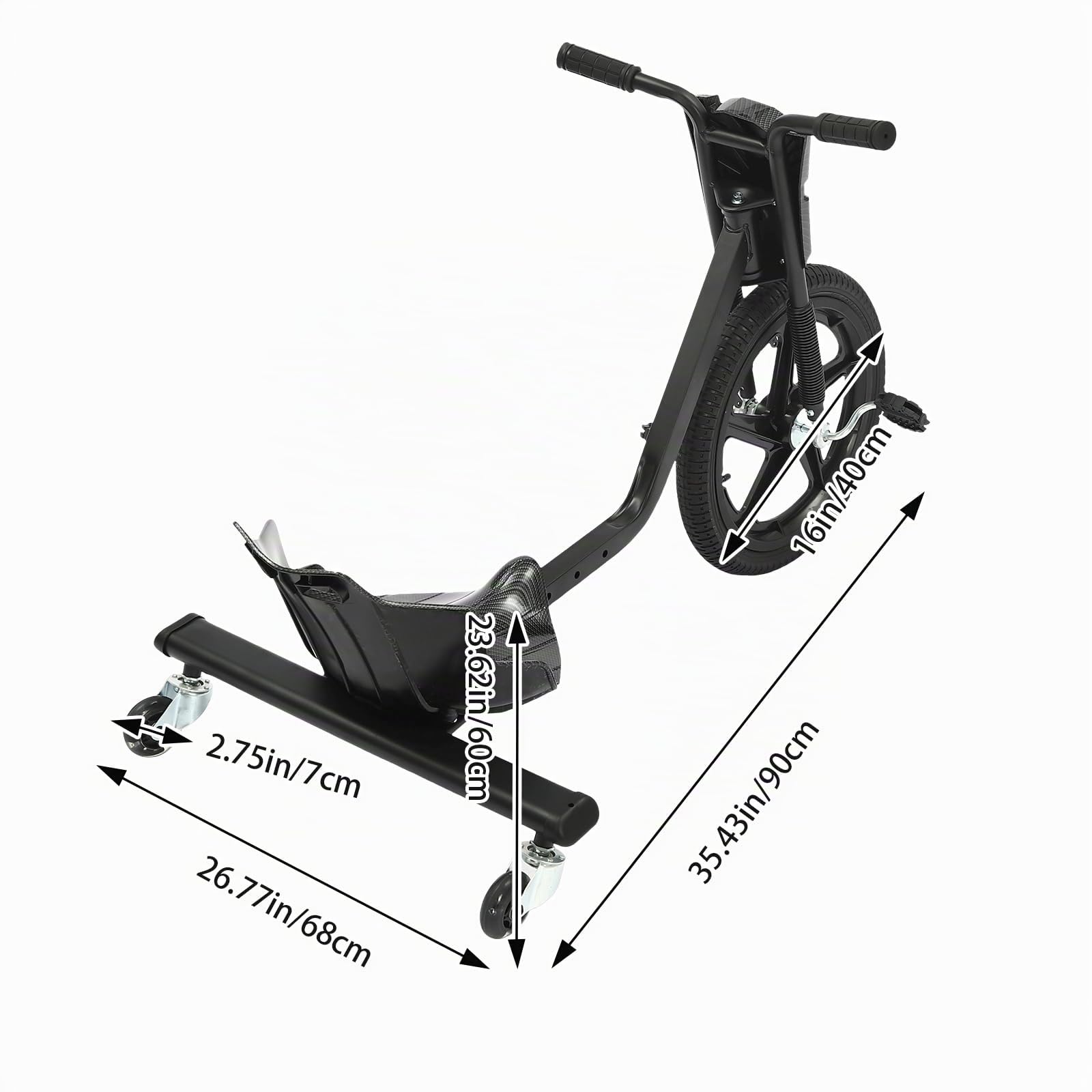 Drift Scooter, Hierro, Rueda Delantera de 16 pulgadas Diámetro de la Rueda Delantera, 100 kg Capacidad de Carga Triciclo Niños Crazy Cart Rueda Trasera con Luces (Fibra de Carbono Negro)