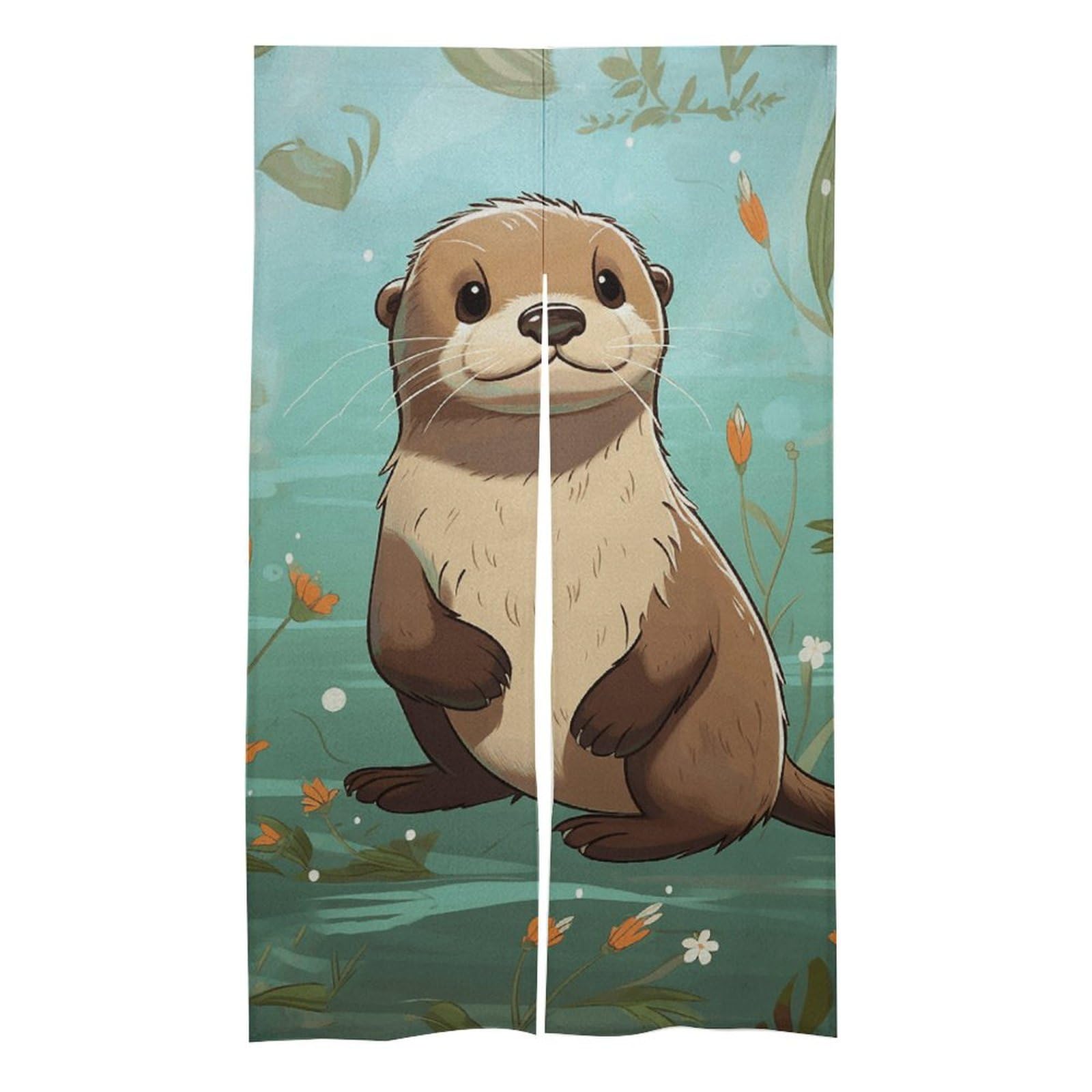 HJUQNGF Door Curtain Cartoon Cute Otter Doorway Curtains Temporary Door Cover Warm in Winter and Cool in Summer Decoration Background Banner Door Window Kit for Doorway Privacy 86x143cm