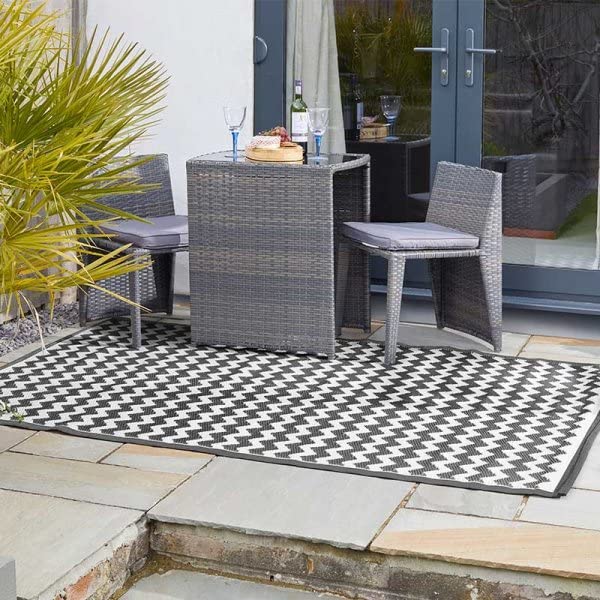 Marco Paul Black Zig Zag 150 x 210 cm Easy Clean Decorative Garden Mat Rug Outdoor Indoor Lawn Carpet Waterproof Mat for Garden Picnic Camping Festivals Beach (Onyx)