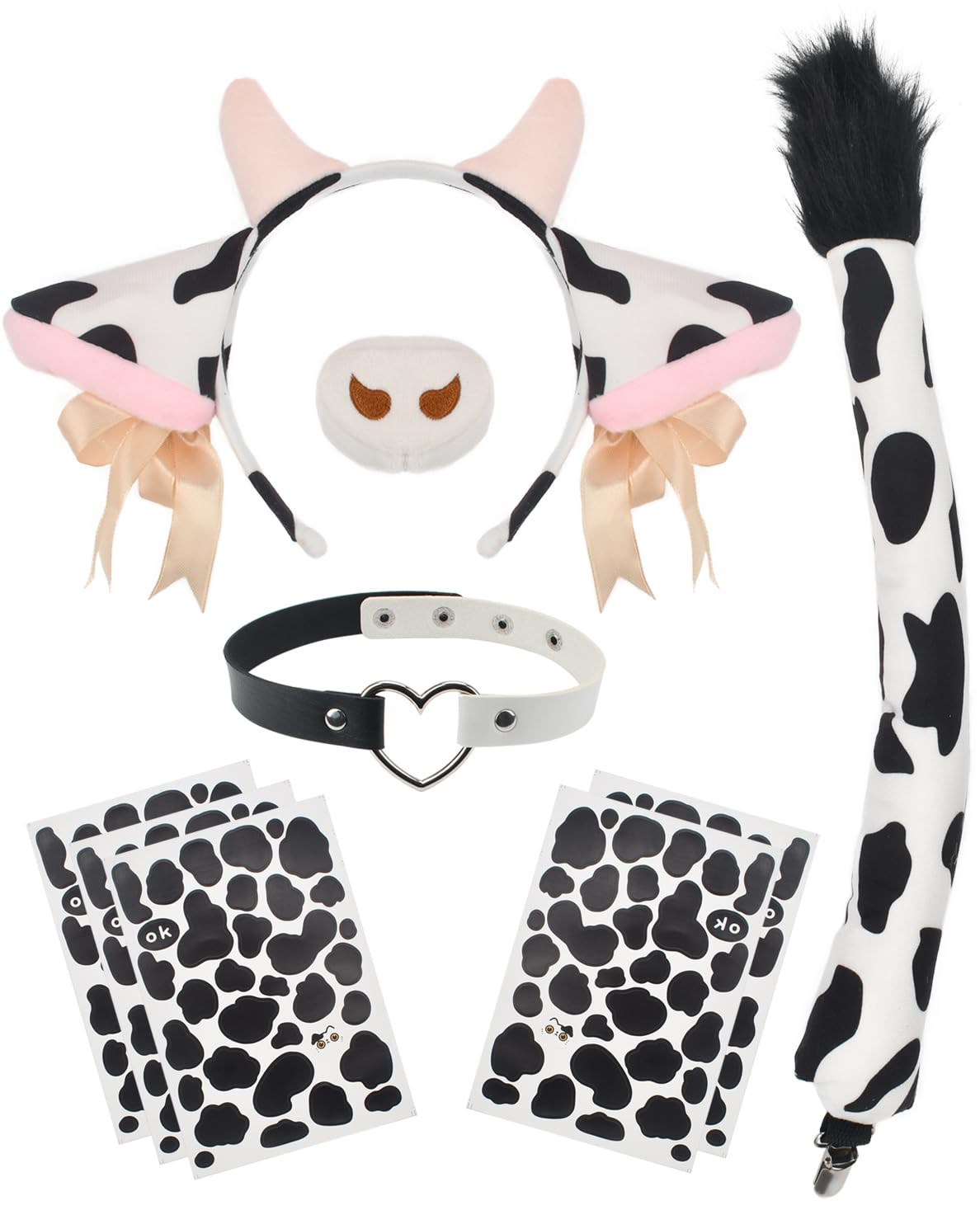 HODRME 9 PCS Cow Ears and Tail Set-Cow Headband with Collar Nose Tail Halloween Christmas Cosplay Costume Accessories