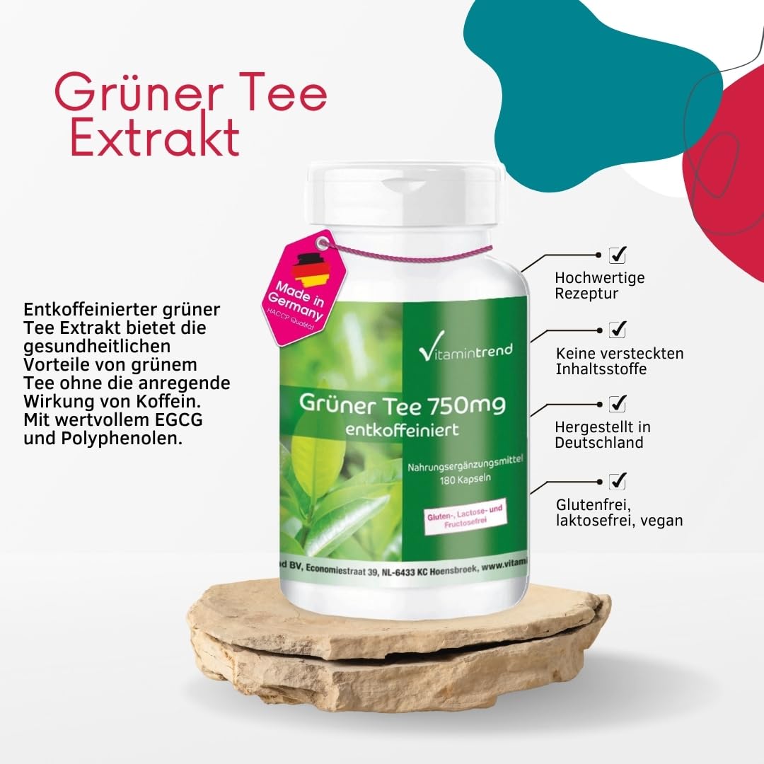 Vitamintrend Grüner Tee Extrakt 750mg, 180 Kapseln, hochdosiert mit 98% Polyphenolen, Nahrungsergänzungsmittel vegan ohne Magnesiumstearat, in Deutschland hergestellt