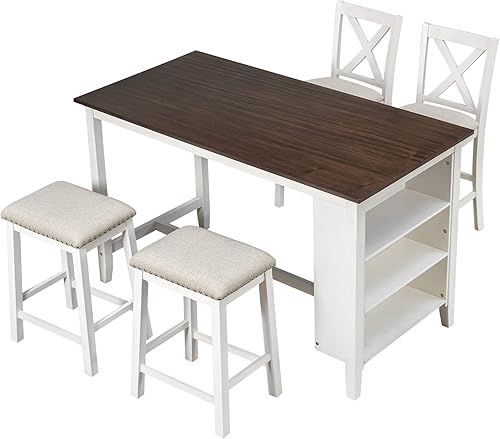 Miniatura 7 de Merax Juego de mesa de bar de madera rústica de 5 piezas de altura de mostrador con 2 taburetes y 2 sillas, color blanco