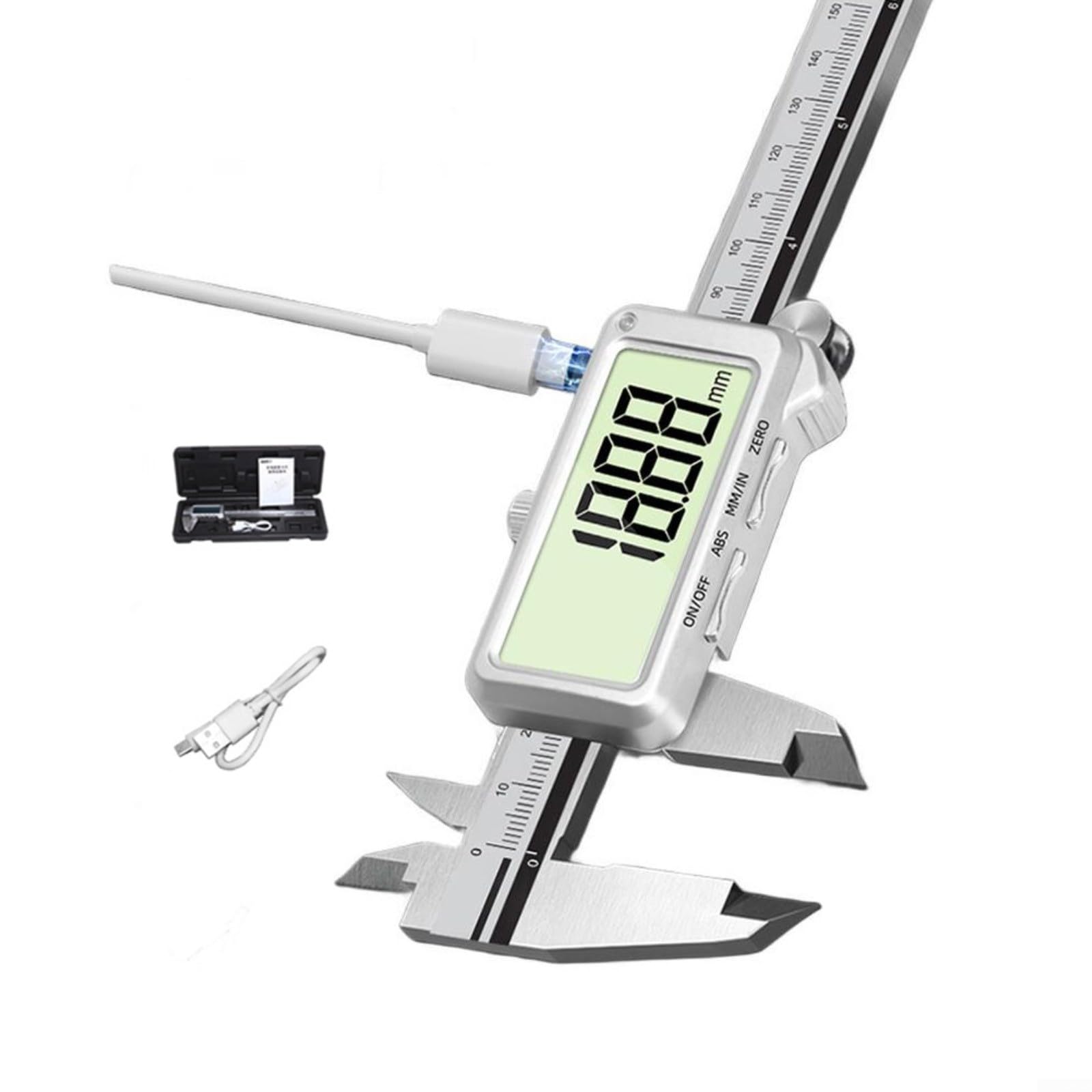 Calibrador digital recargable de acero inoxidable de 0,01 mm de precisión con interfaz USB‑C, pantalla grande, resistente a la corrosión para mediciones industriales de 150 mm (B)