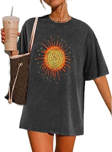 Camisetas vintage de gran tamaño con diseño de sol, camisetas con banda desgastada para mujer, estilo casual, holgadas