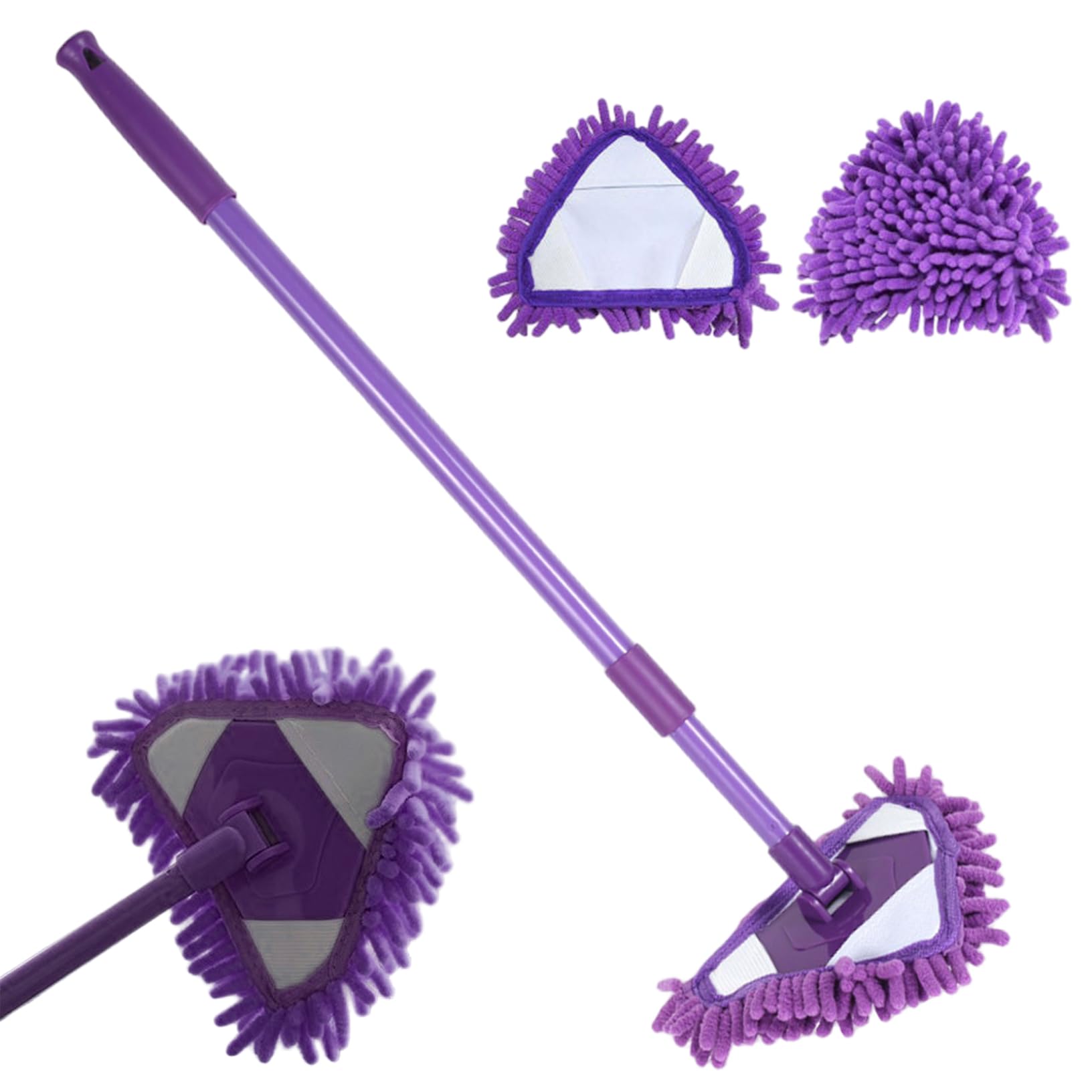 Striegro 3-Piece Triangle Mop Set, Adjustable Telescopic Wall Mop with 2 Chenille Heads for Bathroom & Glass Purple.