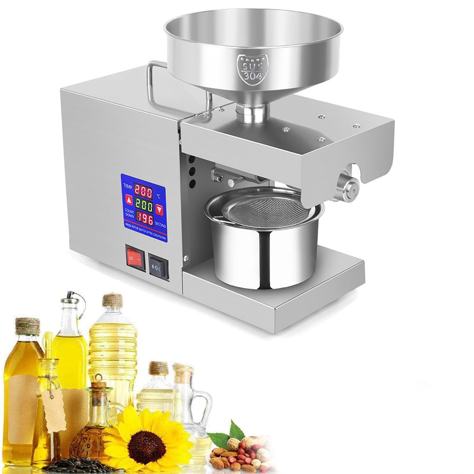 HADECOLL Stainless Steel Automatic Oil Expeller - Commercial Household Electric Oil Press Machine for Sunflower Seeds Flaxseeds Peanuts, Digital Display/Adjustable Temperature,