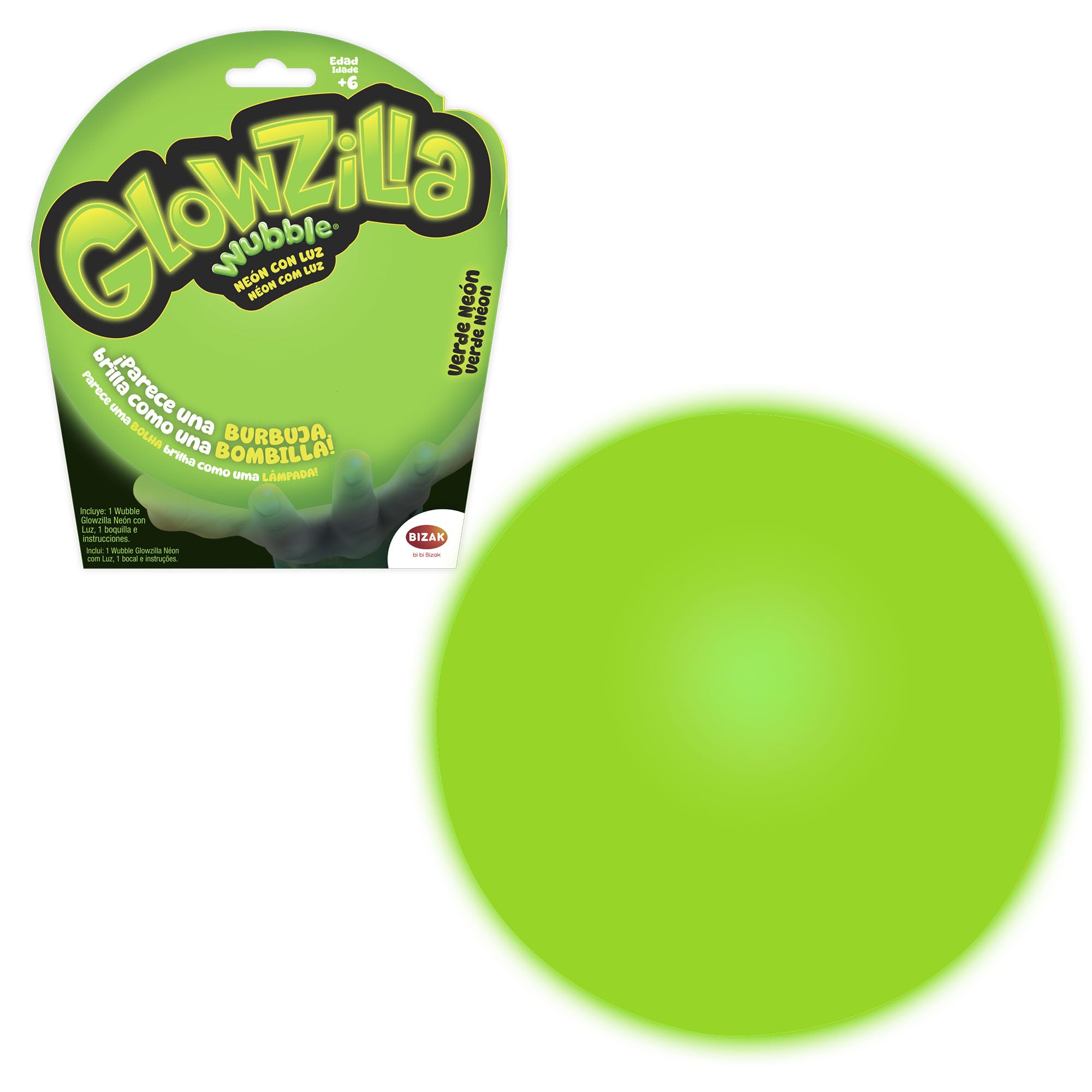Bizak Wubble Glowzilla Neon Green Light Soft Ball Glows in the Dark with UV LEDs and Phosphorescent Lights, No Pump Required for Children from 6 Years (62941080-2)