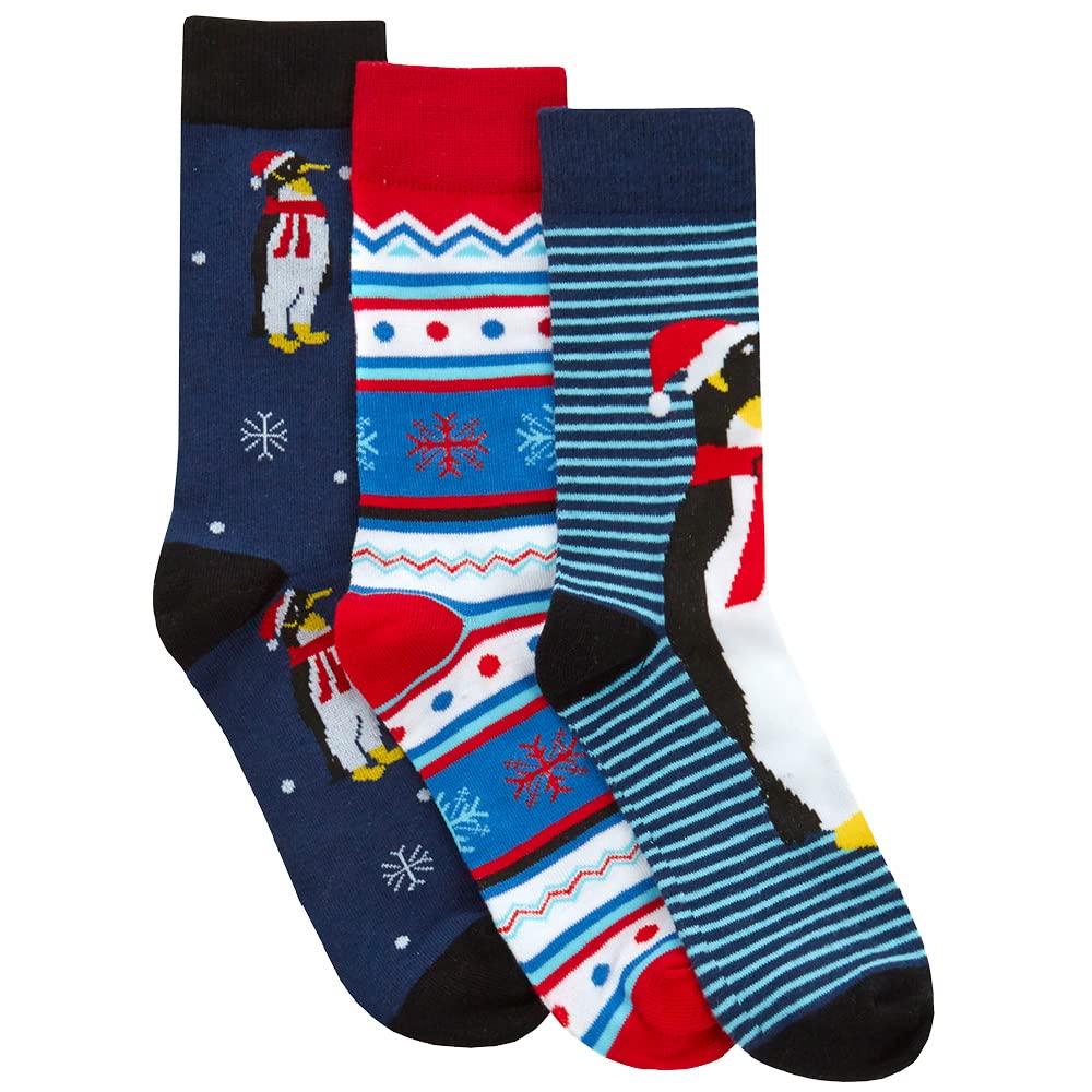 Metzuyan Men's Blue - 3 Pairs 3 Pairs Novelty Cotton Rich Xmas Christmas Socks Mid Calf Size Uk 6-11