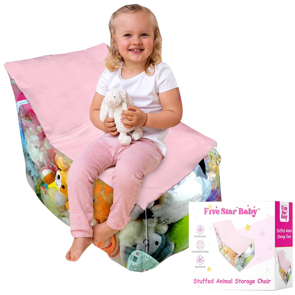 FIVESTARBABY Bean Bag Chair for Kids - Friendly Stuffed Animal Storage & Toy Organizer, Clear PVC Plastic with Non-Slip Seat, Perfect Plushies Storage Solution for Tidy Playrooms (Pink)