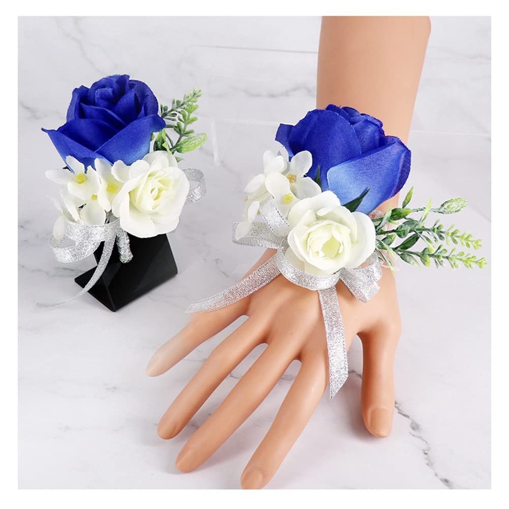 Yurosiay Ramillete de muñeca azul rosa conjunto de flores de seda artificial boutonniere boda encaje elástico flor muñeca elegante ramillete ramillete muñeca boda