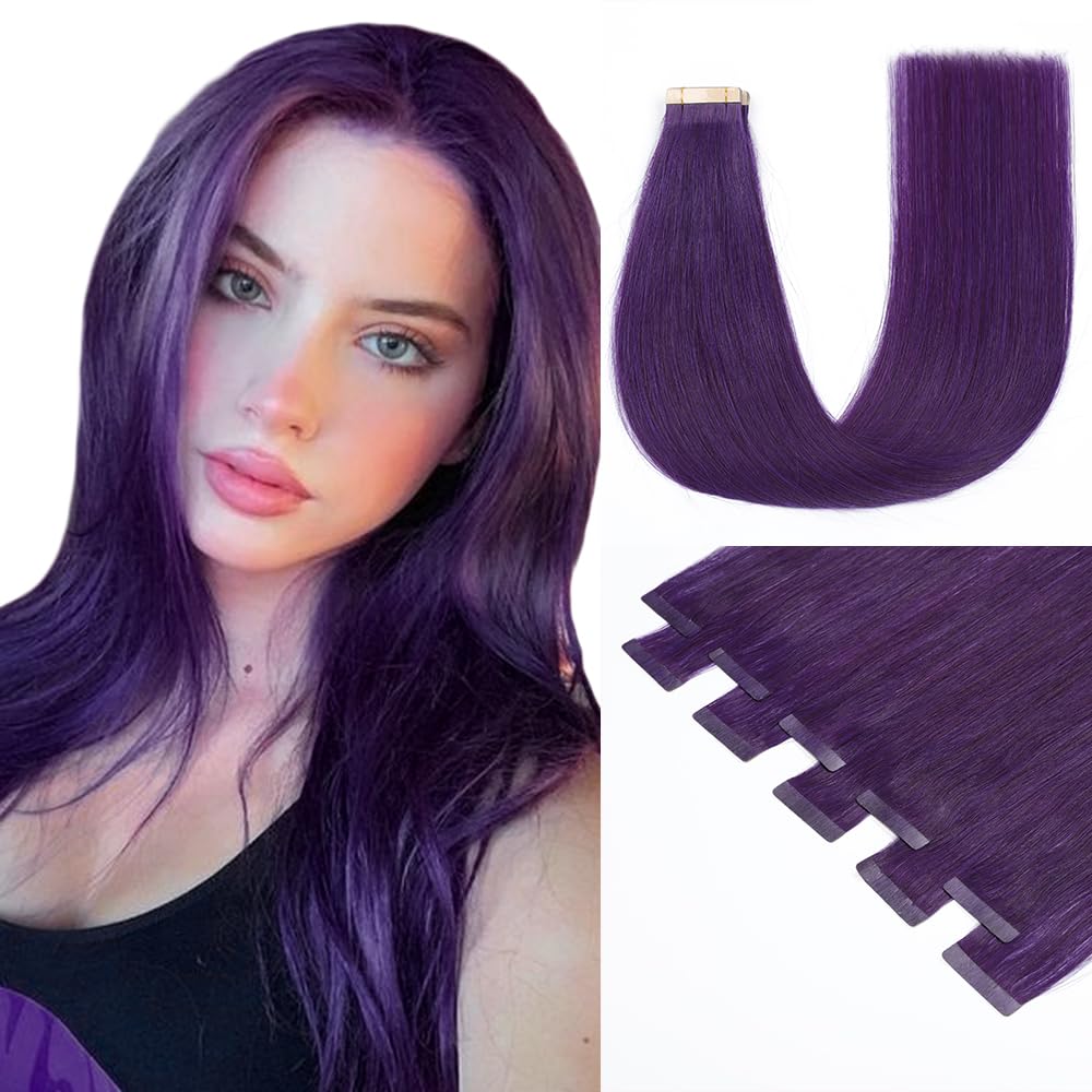HotLulana Extension Adesive Capelli Veri Purple Tape in Extension Natua Nero Remy Estension Adesive Capelli Naturali al 100% 10pcs 25g Extension Capelli Veri Biadesivo 20Pollici (50cm)