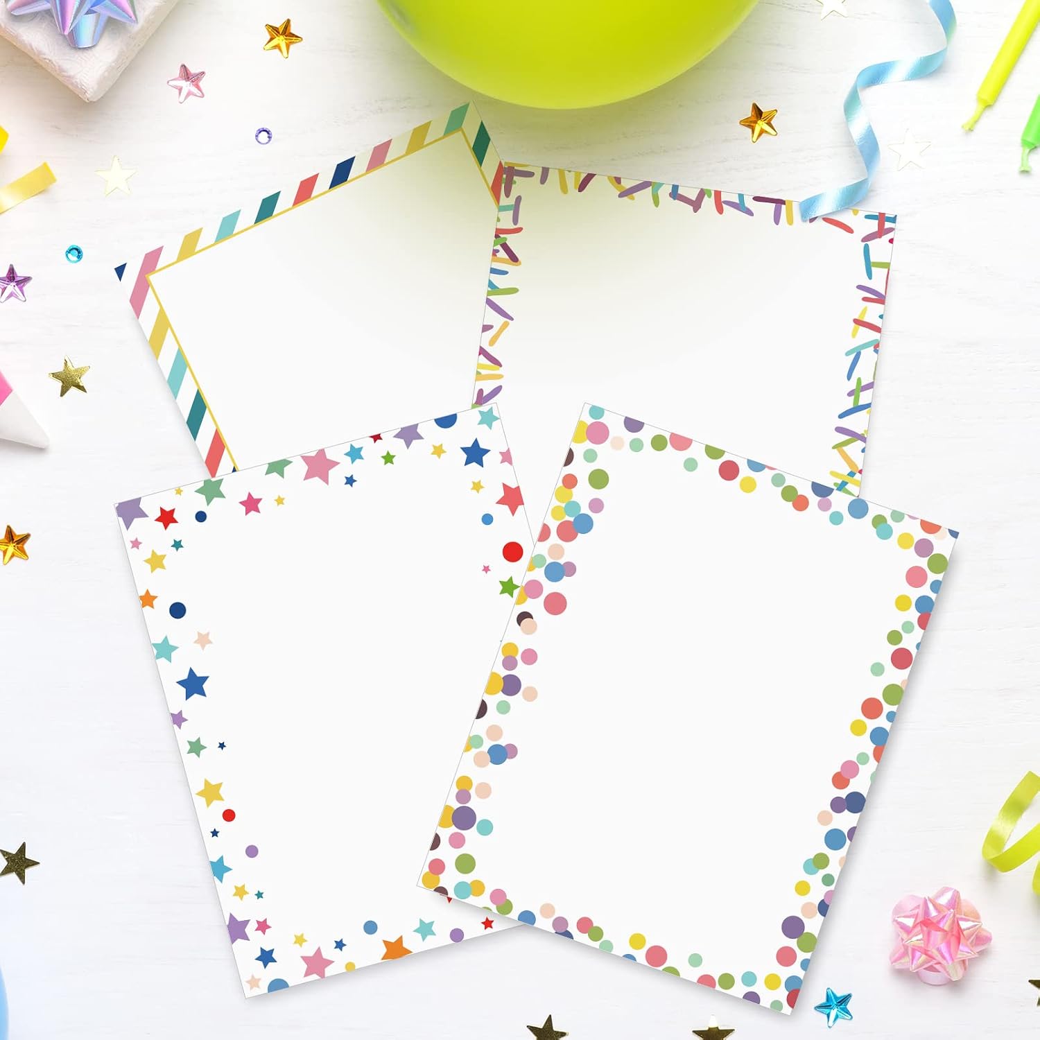 Whaline 80 Sheets Colorful Stationery Letterhead Paper Rainbow Star Stripe Dot Letter Writing Paper for Birthday Invitation Greeting Cards Office Printing, 8.5 x 11 Inch, Double Sided