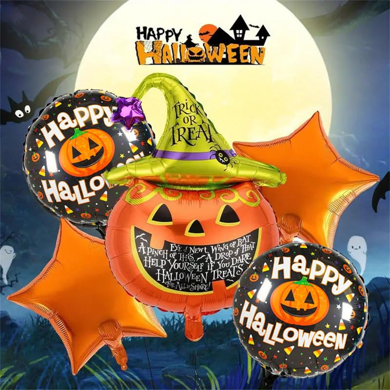 Image of AMFIN (Pack of 5) Happy Halloween Party Scary Pumpkin Foil Balloons - Orange