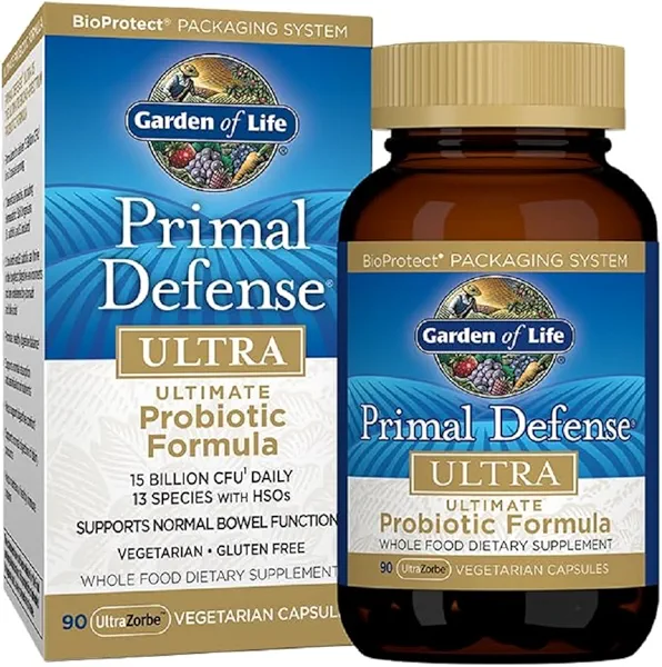 Garden of Life Probiotics for Digestive Health Balance, Primal Defense Ultra Ultimate Formula, 15 Billion CFU and 13 Strains Plus HSOs, Vegetarian and Gluten Free, 90 Capsules 90 Count (Pack