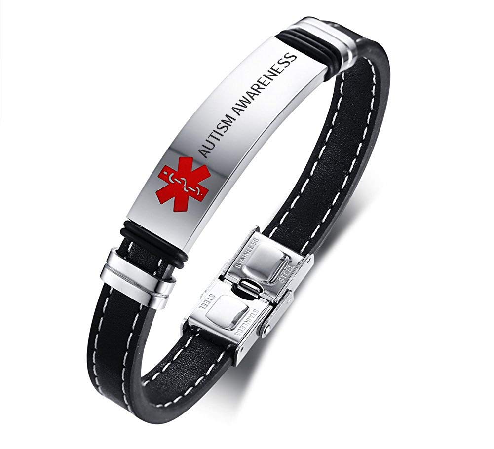 VNOX Pulsera Personalizada del Brazalete del Cuero Genuino Identificación Médica Alerta Acero Inoxidable,Grabado Libre