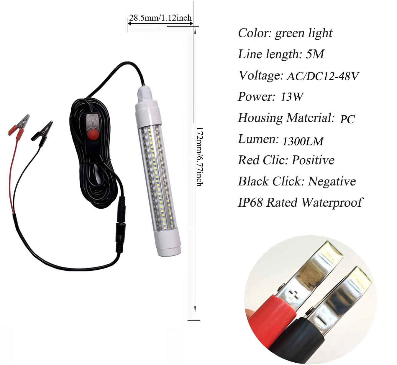 Edearkar Underwater Fishing LED Light 13w, AC/DC12-48V, Green Light IP68 Waterproof Lamp 360 Degree All-Round Underwater Lighting Fish Light Collection Fish Lamp with 16.4 Ft Power Cord