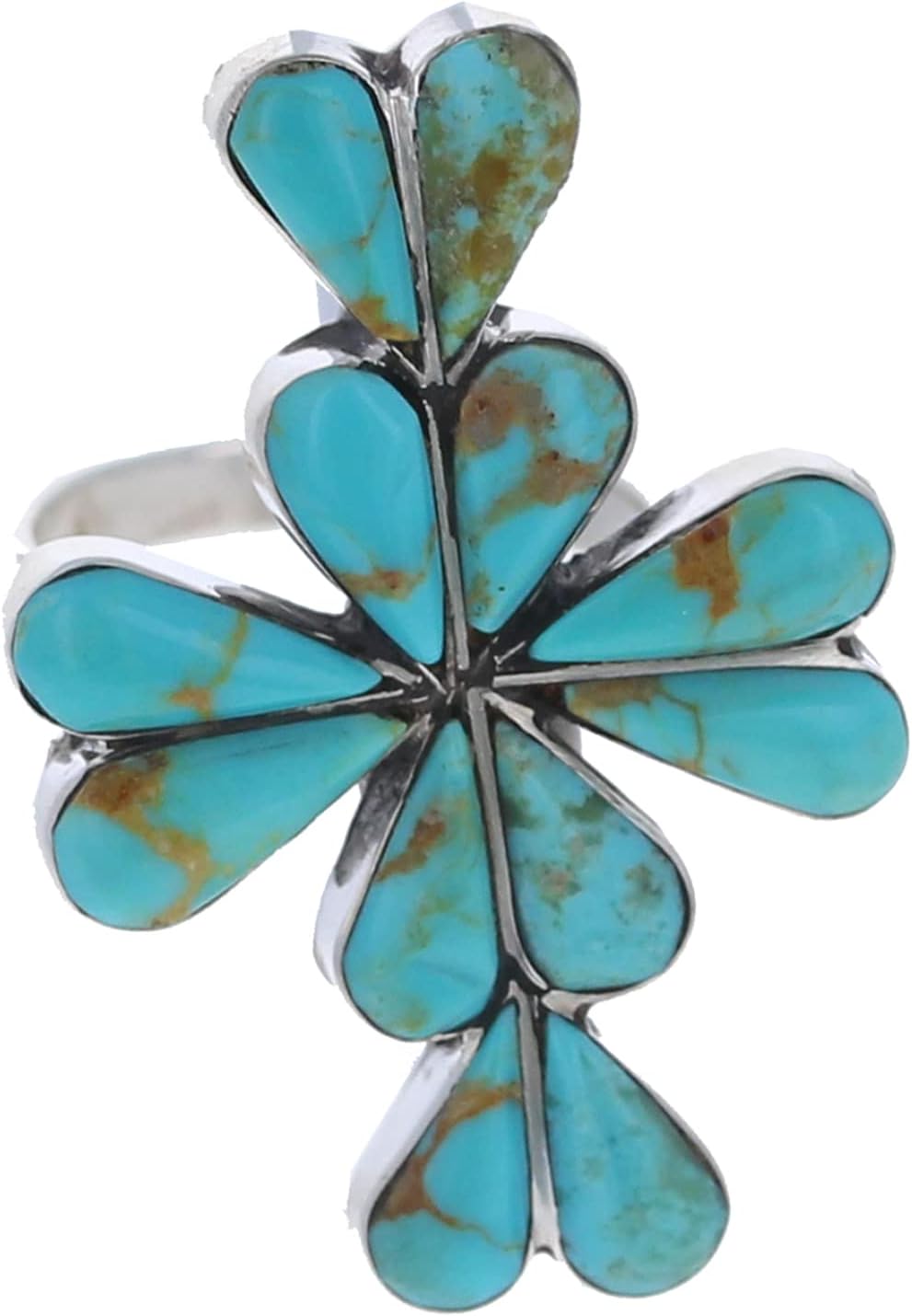 Genuine Turquoise Cross Ring with Teardrop Shaped Stones, 925 Sterling Silver Band with Genuine Turquoise Cut, Mosaic Cross Style