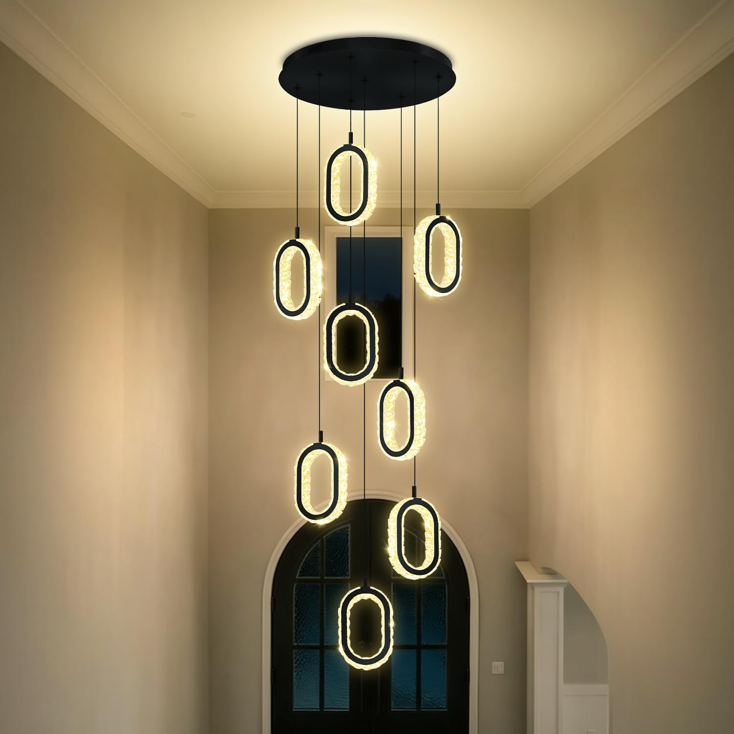 Photo 1 of IDEQUY Black 8 Rings Crystal Chandelier for Foyer Stairwell High Ceiling Chandelier Dimmable Oval Crystal Ring Pendant Light