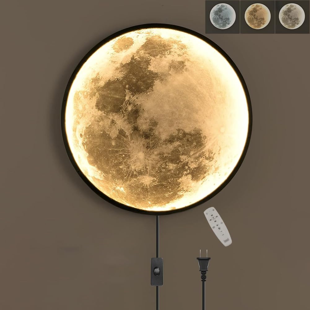 Mond LED Wandleuchte Innen Dimmbar Mond Wandlampe mit Stecker Kabel Mondlampe Schalter Runde Deko Lampe Wand Nachttischlampe Fernbedienung, Nachtlichtmodus und Speicherfunktion Wandbeleuchtung