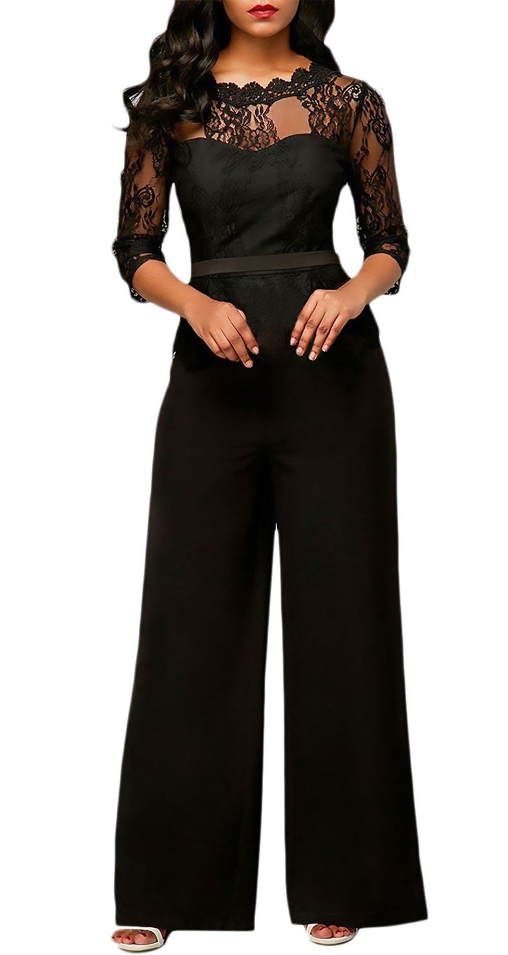 Lannister Fashion Monos De Vestir Mujer Largo Pantalon Elegante Verano Splice Encaje Mangas 3/4 Mono De Noche Moda Casual Transparentes Ropa Fiesta Modernas Pata Ancha Jumpsuit