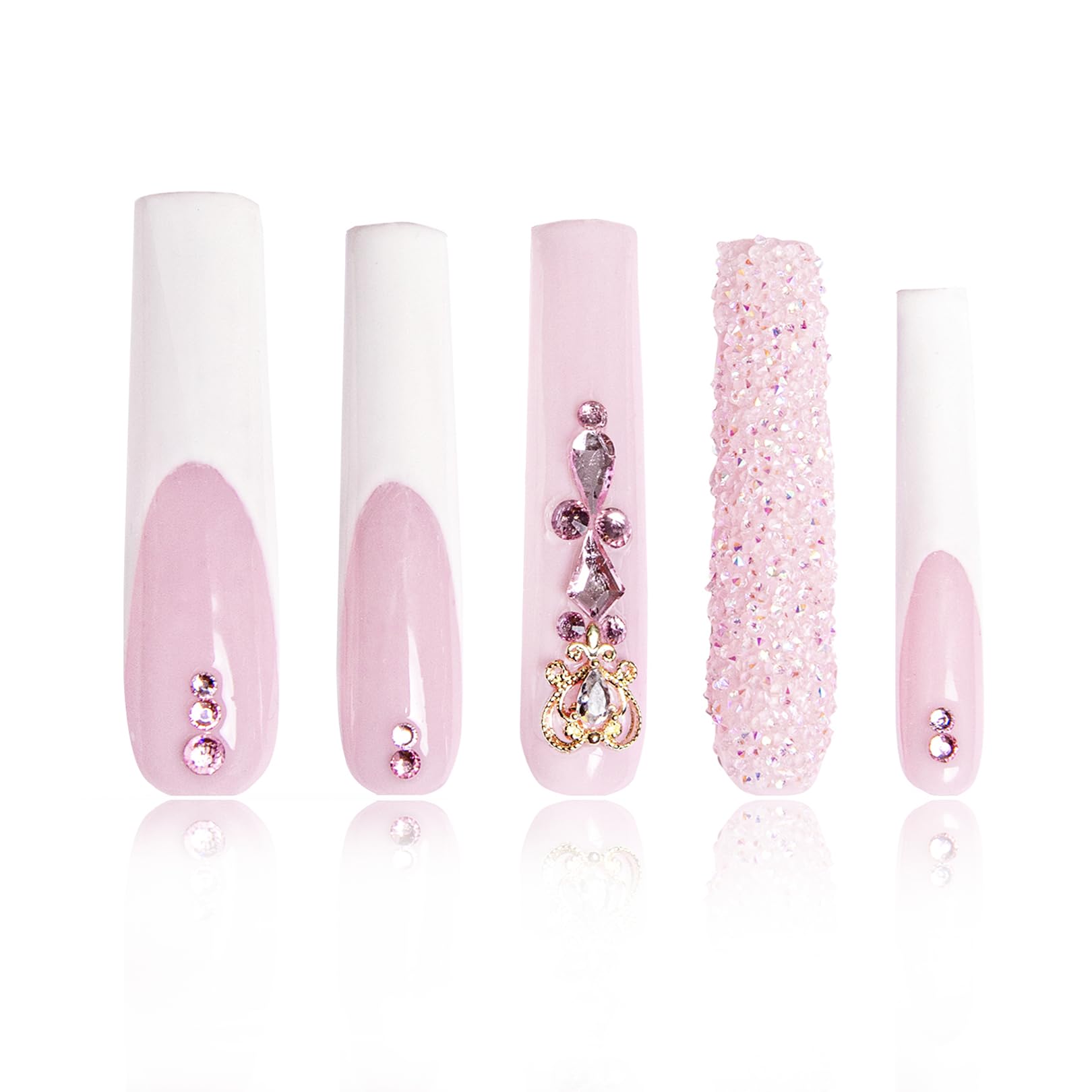 LOVFUL Press on Nails Sweet Elegance | Handmade with Full Covered Crystals | Reusable Fake Nails | Square | H34-L, pink