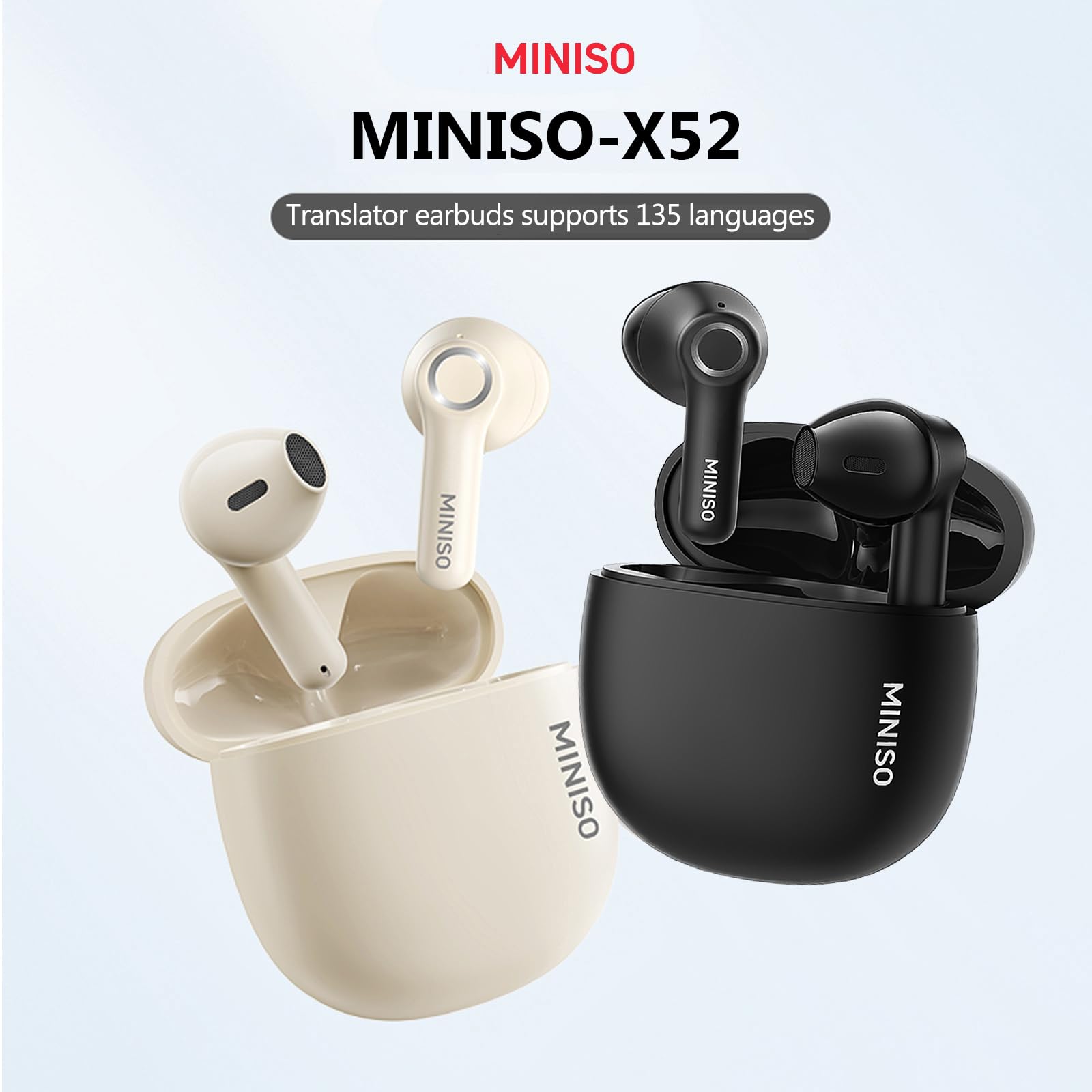 MINISO X52 AI Translator Earbuds Real Time, Multi-Function Wireless Bluetooth 5.4 Earbuds 40H Playtime, 135 Languages & Accents Translation Earbuds with APP for iOS & Android Black