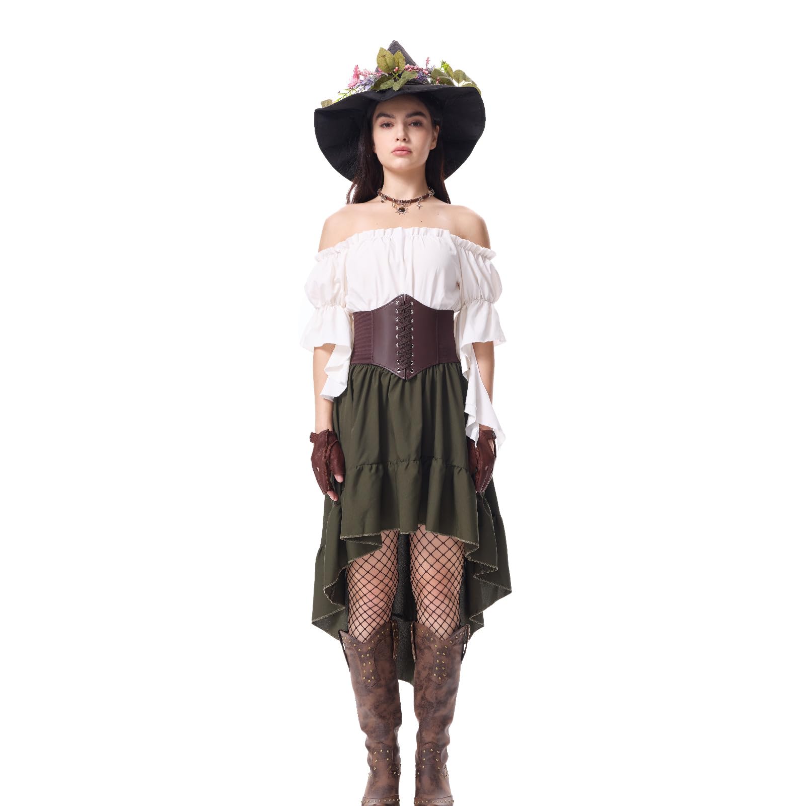 Ansenesna Halloween Kostüm Damen Set Piratenkostüm Damen Komplett Set | Hexenkostüm Mittelalter Kleidung Mieder Bluse Kurzarm Schulterfrei Rock Kurz Gothic Kleidung Vintage Elegant Faschingskostüme