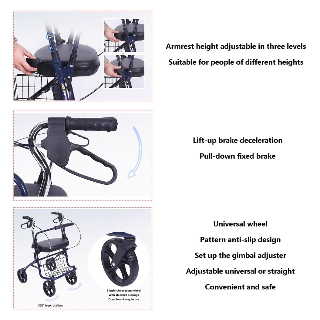 Rollator pieghevole,deambulatore da esterno,Deambulatore per anziani,Girello anziani,Altezza regolabile,per terreni e attività all'aperto Navy blue