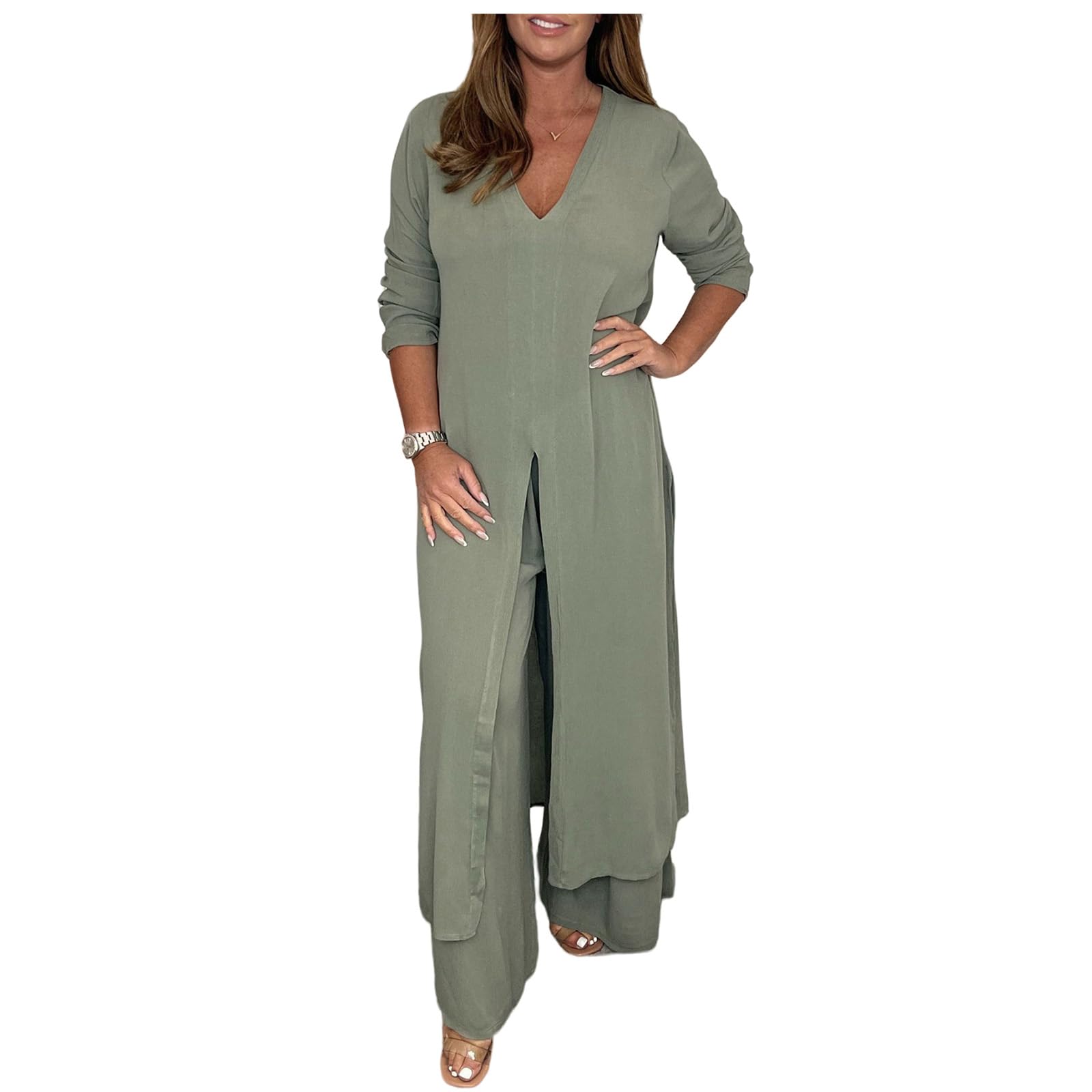 Outfits for Women V Neck Long Sleeve Front Slit Long Shirts Dressy Trousers Matching 2 Piece Pant Suits