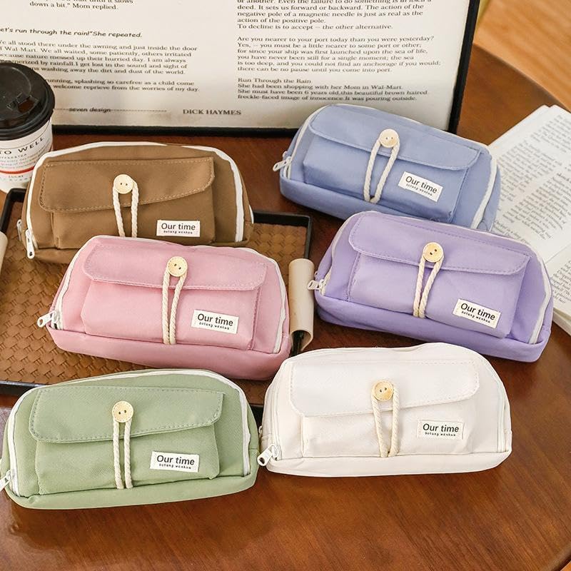 Image of Our Time Large Capacity Pencil Case, Pink Canvas Pouch with Front Pocket, Double Zipper Stand Up Storage Bag for Pens, Makeup, Stationery, Cosmetics, School Office Supplies, Girls Teens