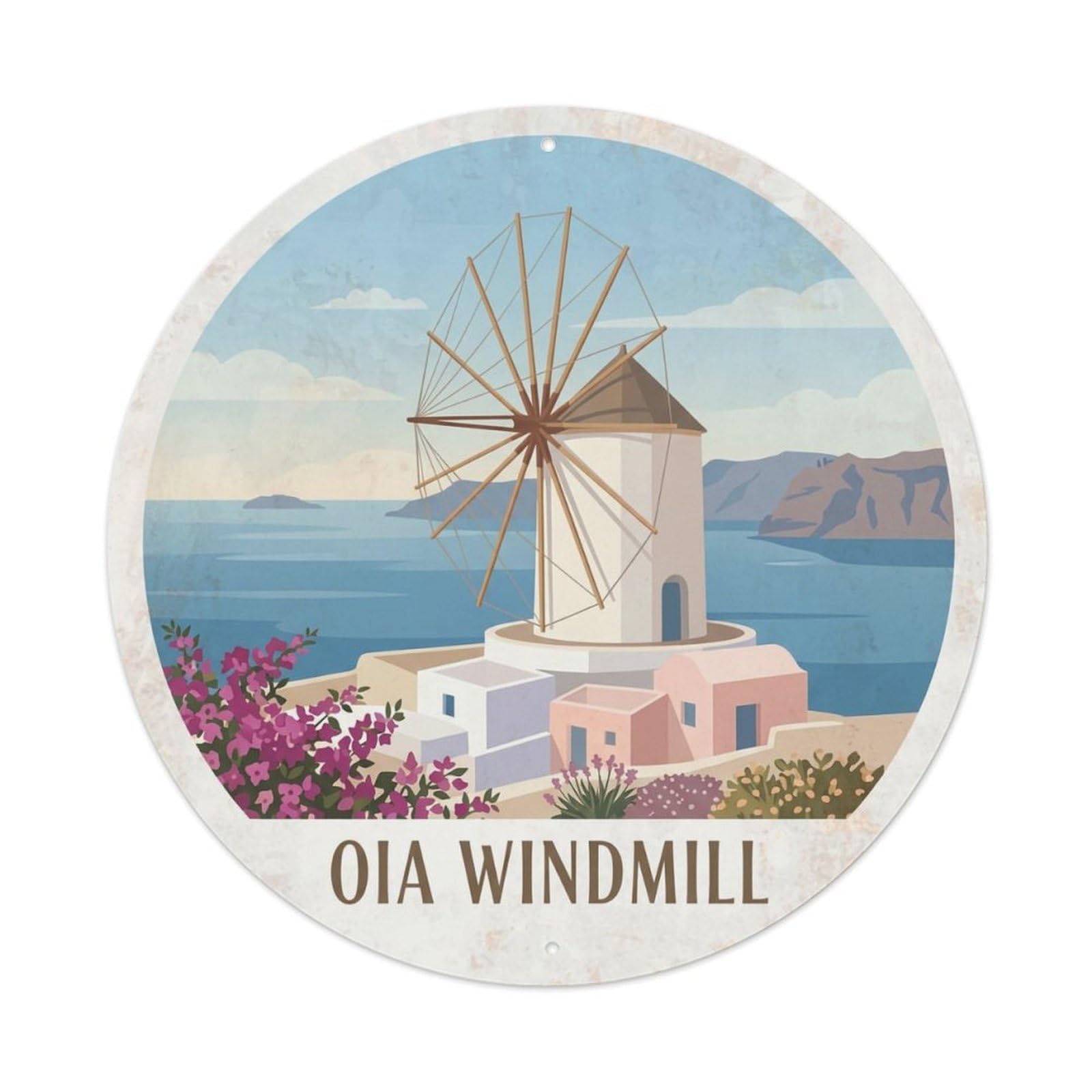 Vintage Travel Oia Santorini Windmill Metal Tin Sign