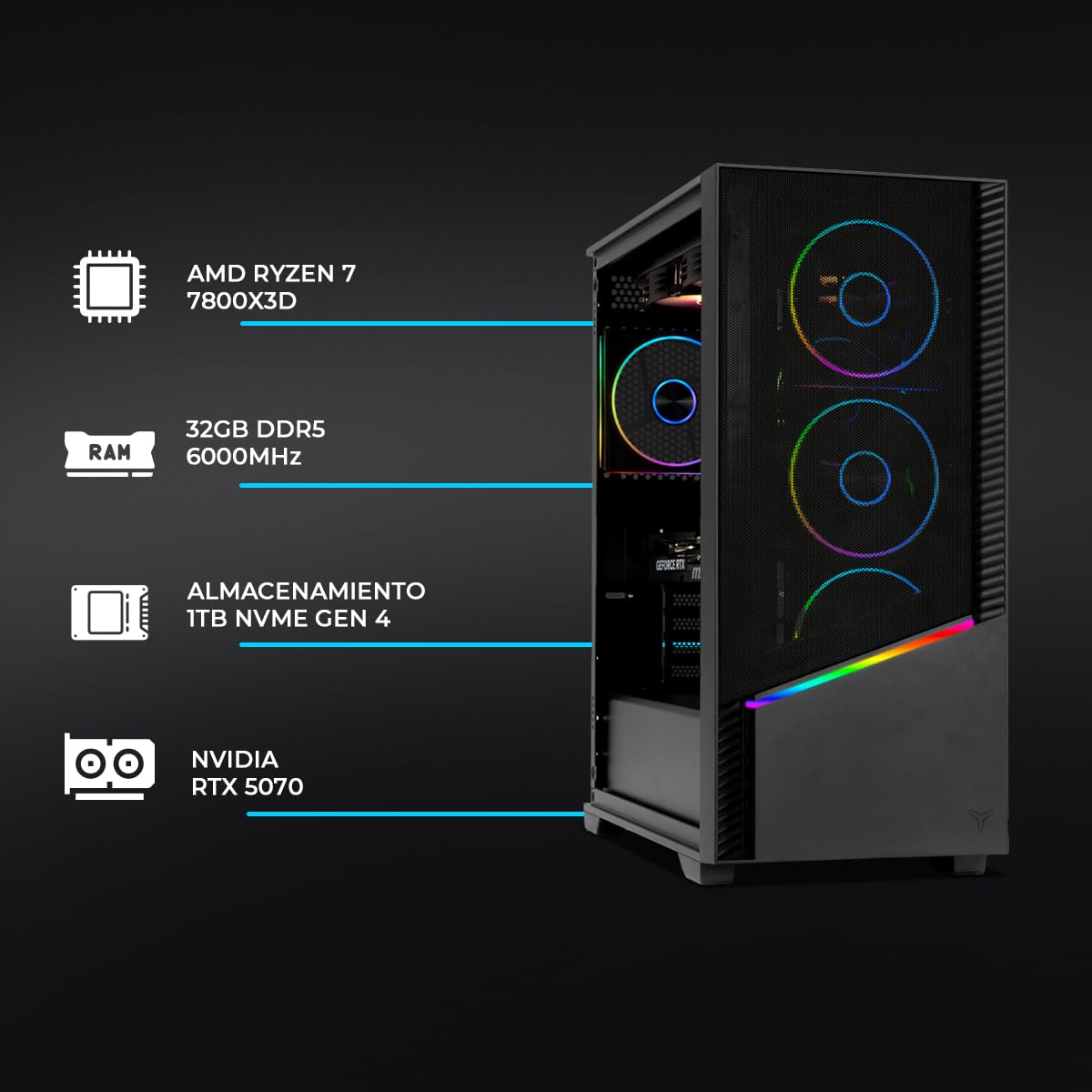YEYIAN PC Gamer Elara | Processore AMD Ryzen 7 7800X3D Gaming 8 Core a 5,0 GHz | Scheda grafica NVIDIA GeForce RTX 5070 12GB GDDR7 | 32GB DDR5 6000MHz | SSD 1TB NVMe Gen4 | Win 11 Pro