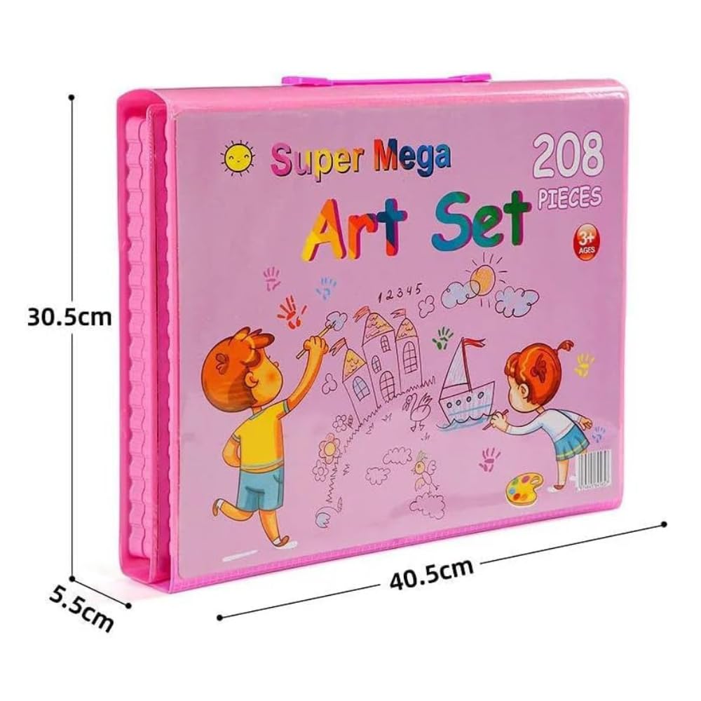 208-Piece Kids Art Kit, Non-Toxic Crayons, Markers, Paper, Pink Case