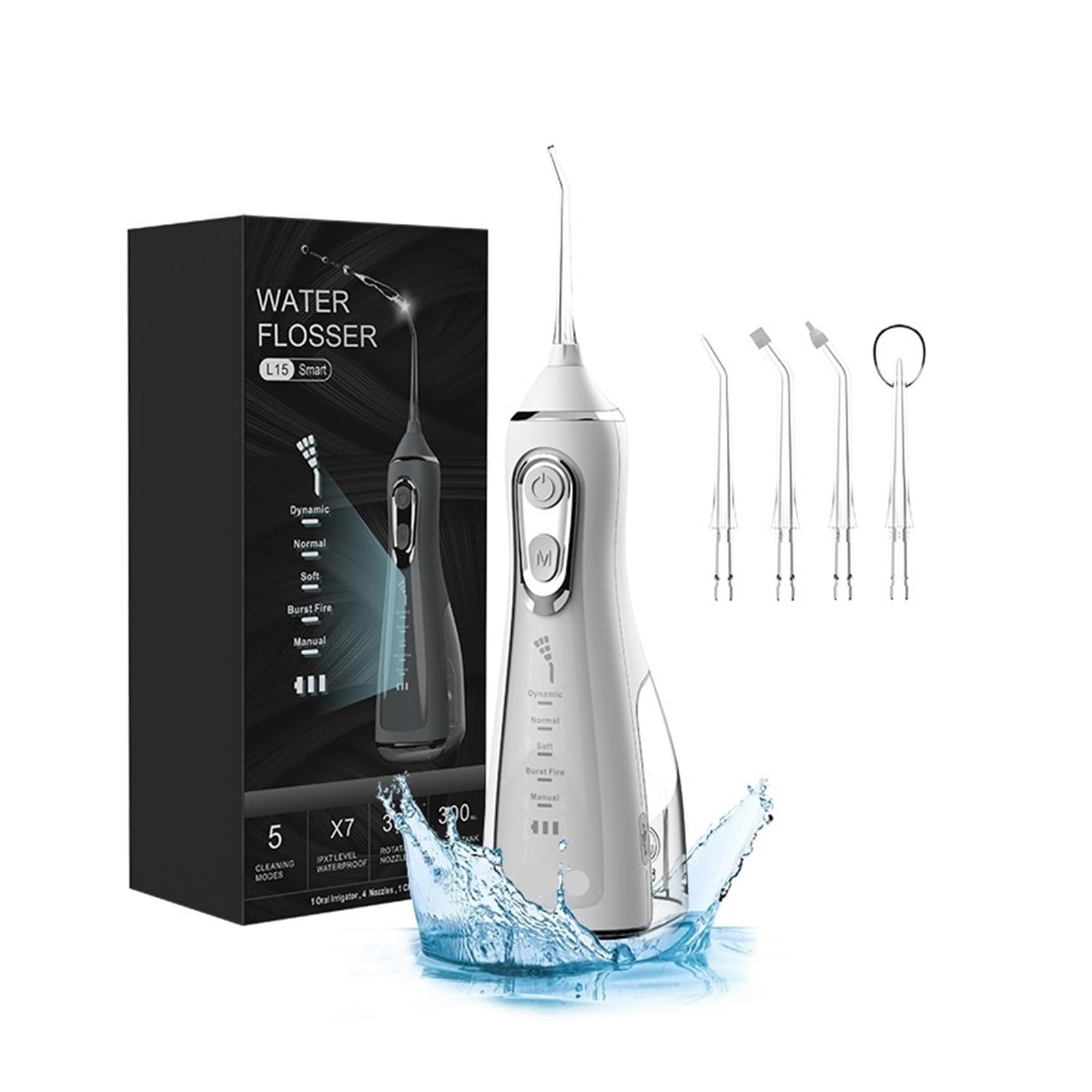 Irrigador bucal dental portátil, irrigador de agua, Flosser, 4 boquillas, chorro, tanque 300ml(White)