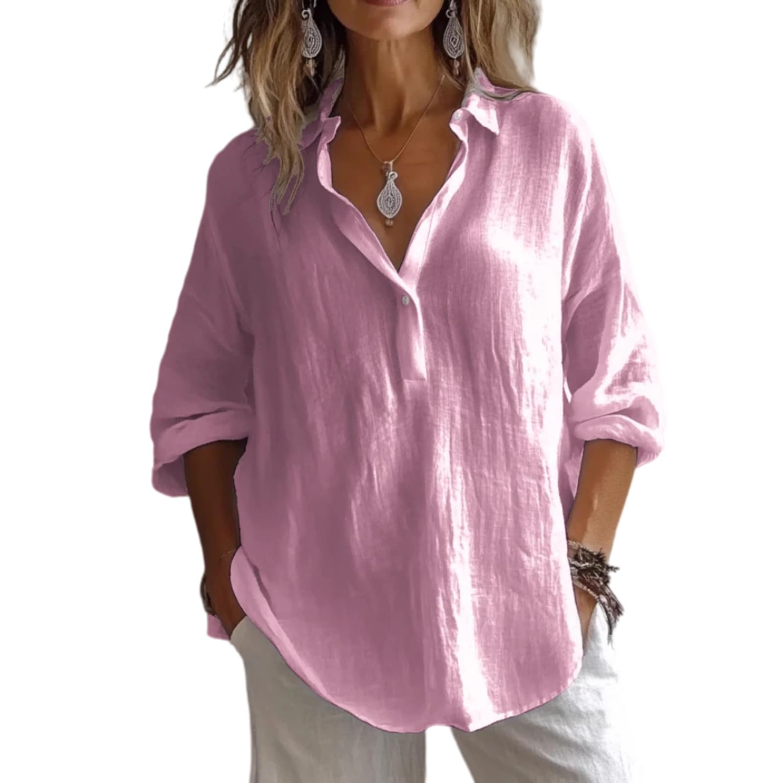 Chemise en Lin V, Top Ample Manches 3/4(Rose,as4,Alpha,XX_l,Regular,Regular)
