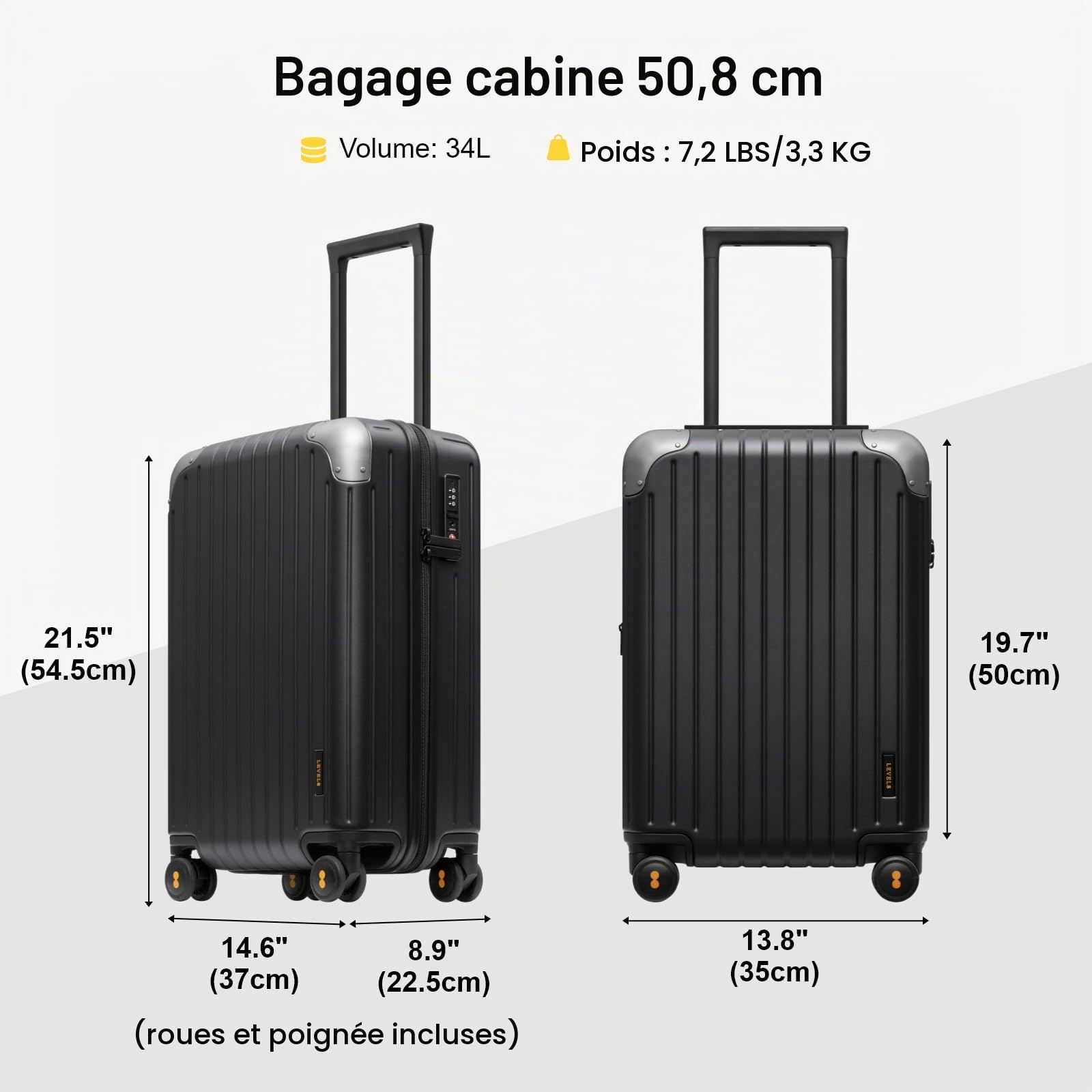 LEVEL8 Valise Cabine Légère PC 4 roulettes Silencieux TSA, 54.5cm, 34L,Noir