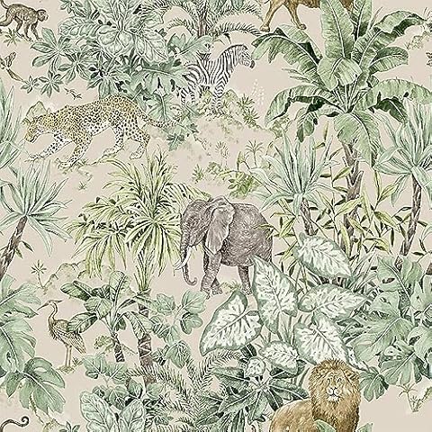 Safari Green Wallpaper with Jungle Animals Cover