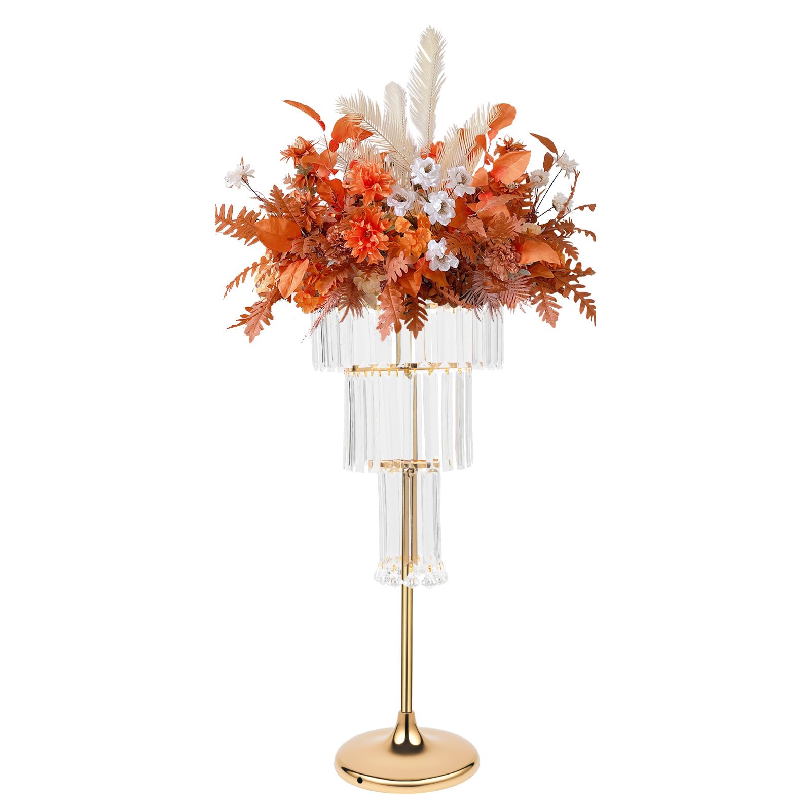 Gold Wedding Flower Stand, 4 Tier Crystal Vases Centerpieces, 32in Tall Round Chandelier Pedestal Stand for Wedding Reception, Birthday Party & Home Decoration