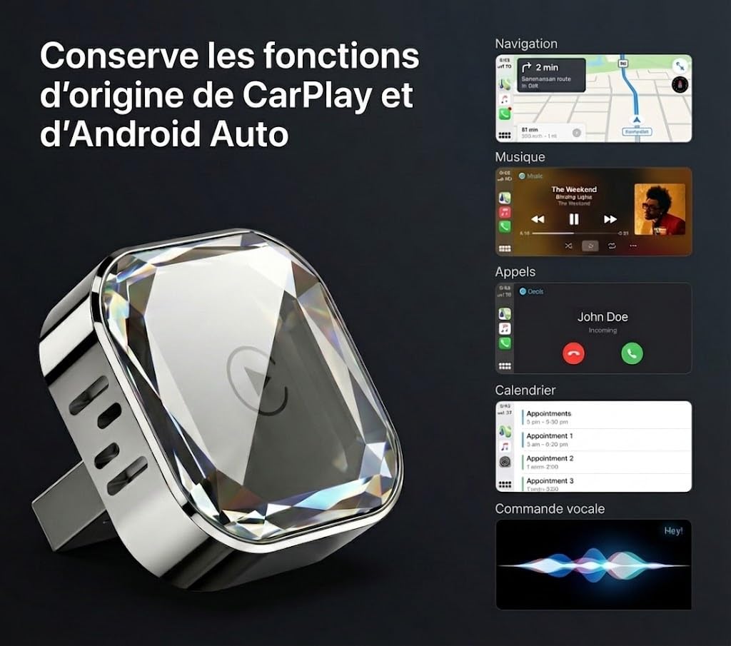 Adaptateur CarPlay sans Fil et Android Auto 2-en-1, Dongle Plug & Play pour Voiture avec WiFi 5.8GHz, pour iPhone et Android, Connexion Rapide, Mise à Jour OTA