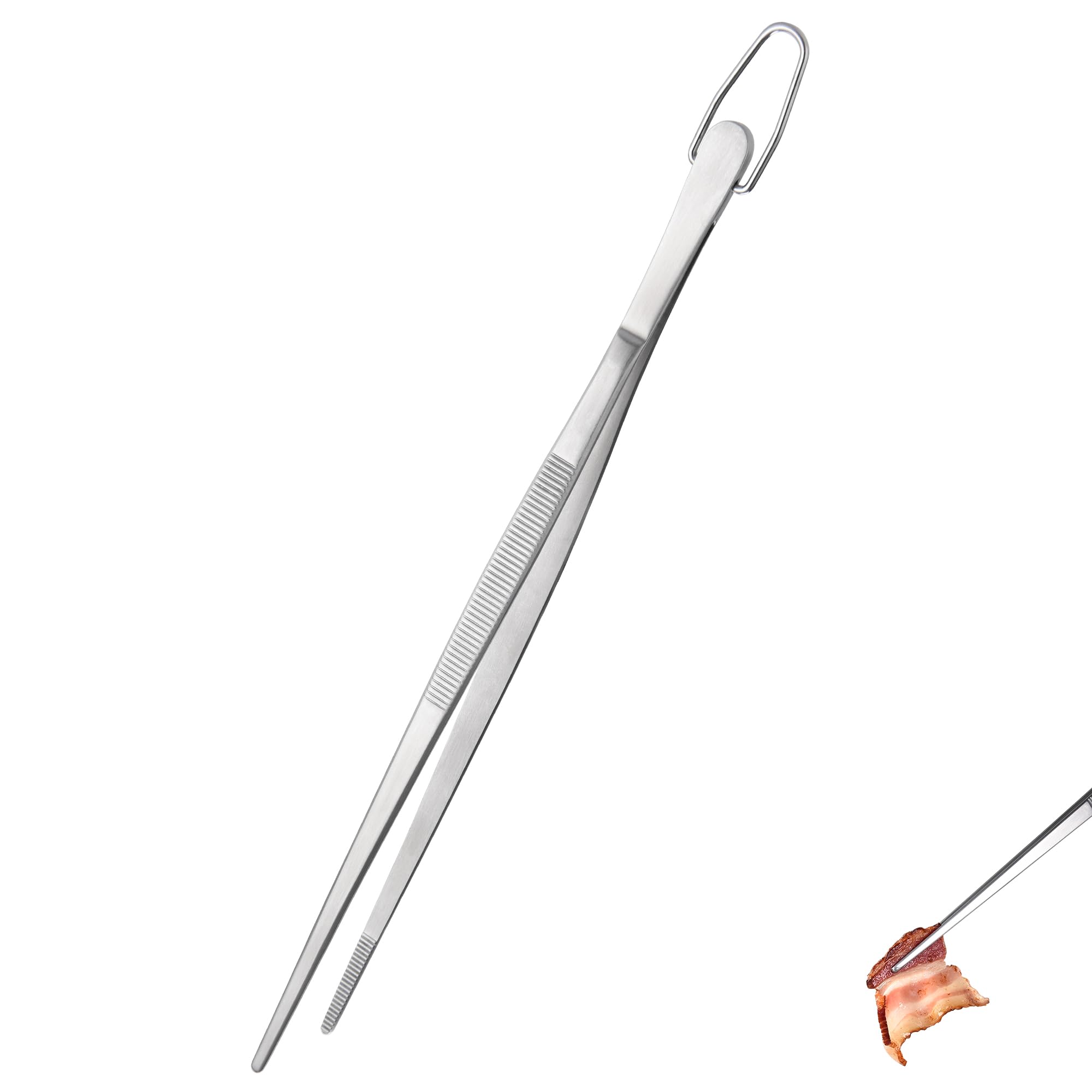 U-Taste 30cm Long Kitchen Tweezer: 18/8 Stainless Steel Food-Grade Cooking Tong with Seamless-Welding and Upgraded Pinching Force for Serving Grilling Frying Decorating Plating (Pointed Tip, Siver)