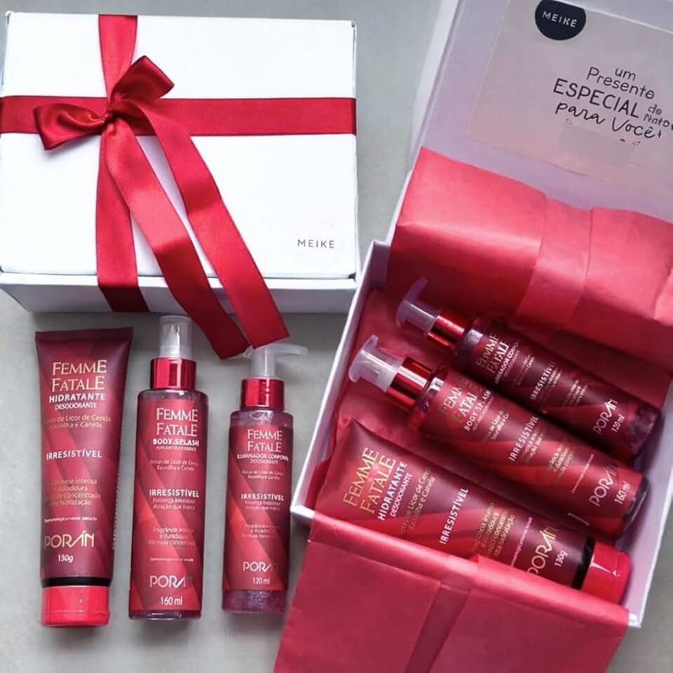 Kit Presente Dia das Mães - Meikê - Caixa de Presente Body Splash, Hidratante, Iluminador, Gloss