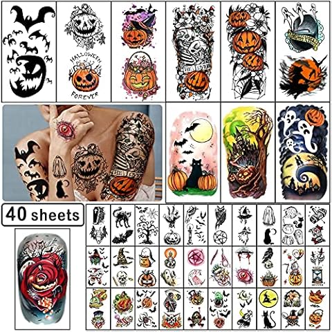 Yazhiji 40 Sheets Halloween Temporary Tattoos Pumpkin Witch Sugar Skull Tattoo Family Set Tats for Women Men Boys and Girls Cover
