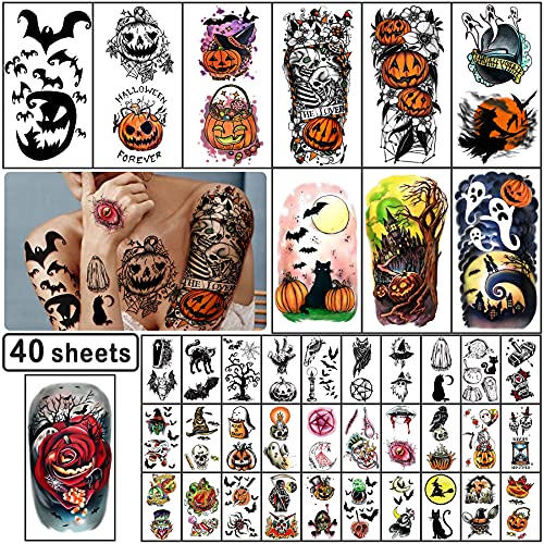 Yazhiji 40 Feuilles Halloween Tatouages Temporaires Citrouille Sorcière Sucre Crâne Tatouage Ensemble Tats pour Femmes Hommes , Halloween Zombie Maquillage Kit, Cicatrice Tatouages Imperméables