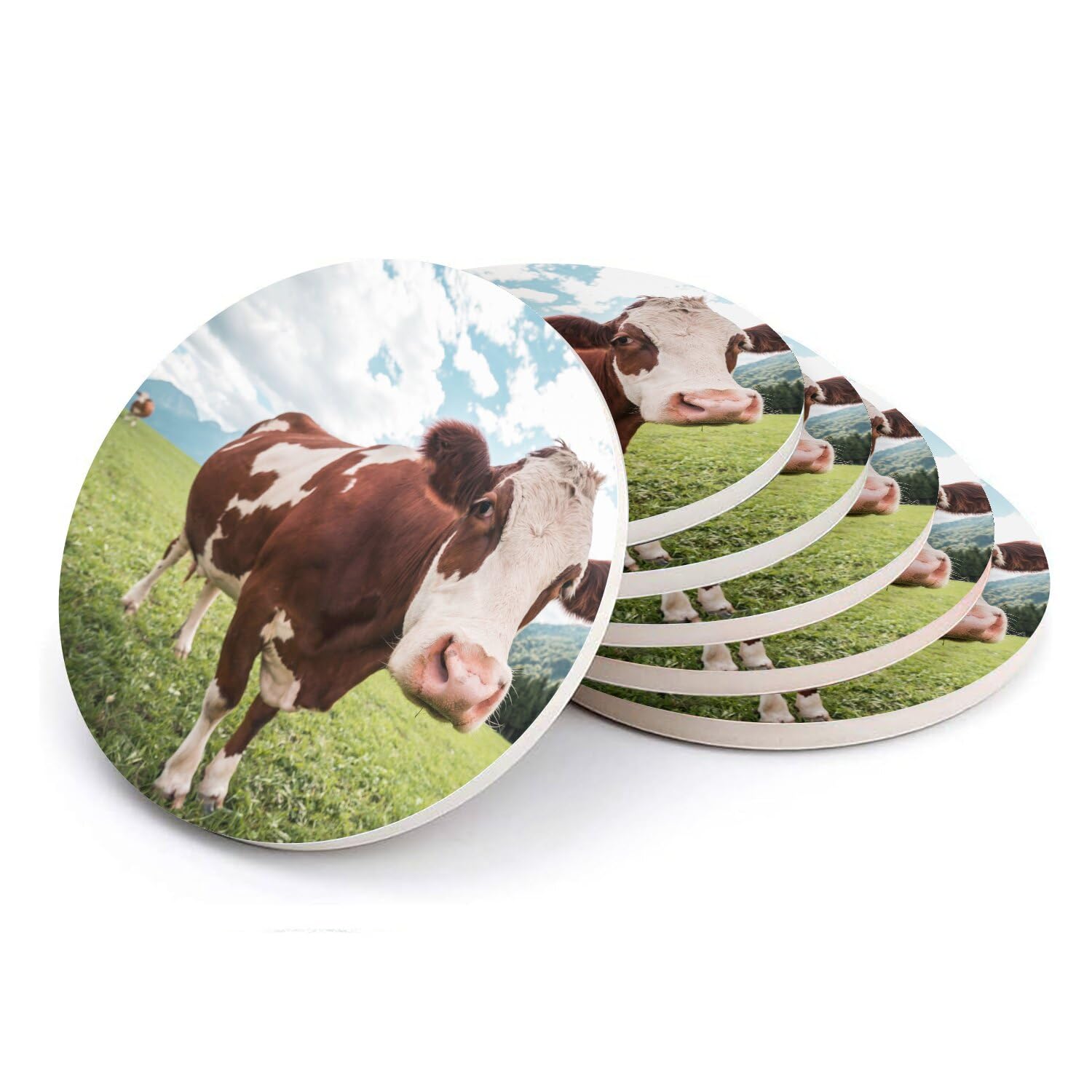 Sous-verre ronds en céramique vache et montagne lot de 6 dessous de verre 10x10 cm