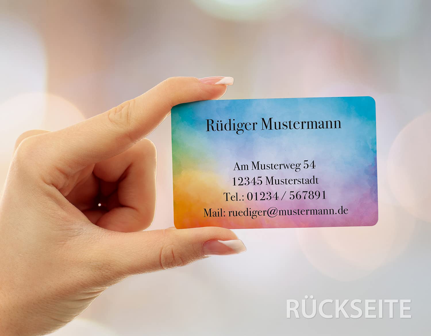 100 Visitenkarten, laminiert, beidseitig bedruckt, 85 x 55 mm, inkl. Kartenspender - Design Farbverlauf