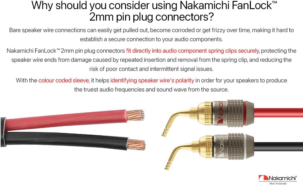 Nakamichi FanLock Excel Series 24k Gold Plated 2mm Pin Plug Banana 10 AWG - 18 AWG Gauge Size 4mm for Spring Clip Speakers Amplifier Hi-Fi Home Theatre Wire Cable Quick Connector, 8 Pcs (4-Pairs) - Image 3