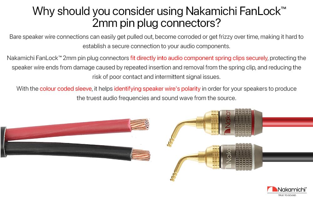 Nakamichi FanLock Excel placcato oro 24 carati 2mm Pin Spine a banana connettore, 10 AWG - 18 AWG spessore 4mm, per cavo amplificatori di altoparlanti, Hi-Fi Connessione rapida, 4 pezzi (2 paia)